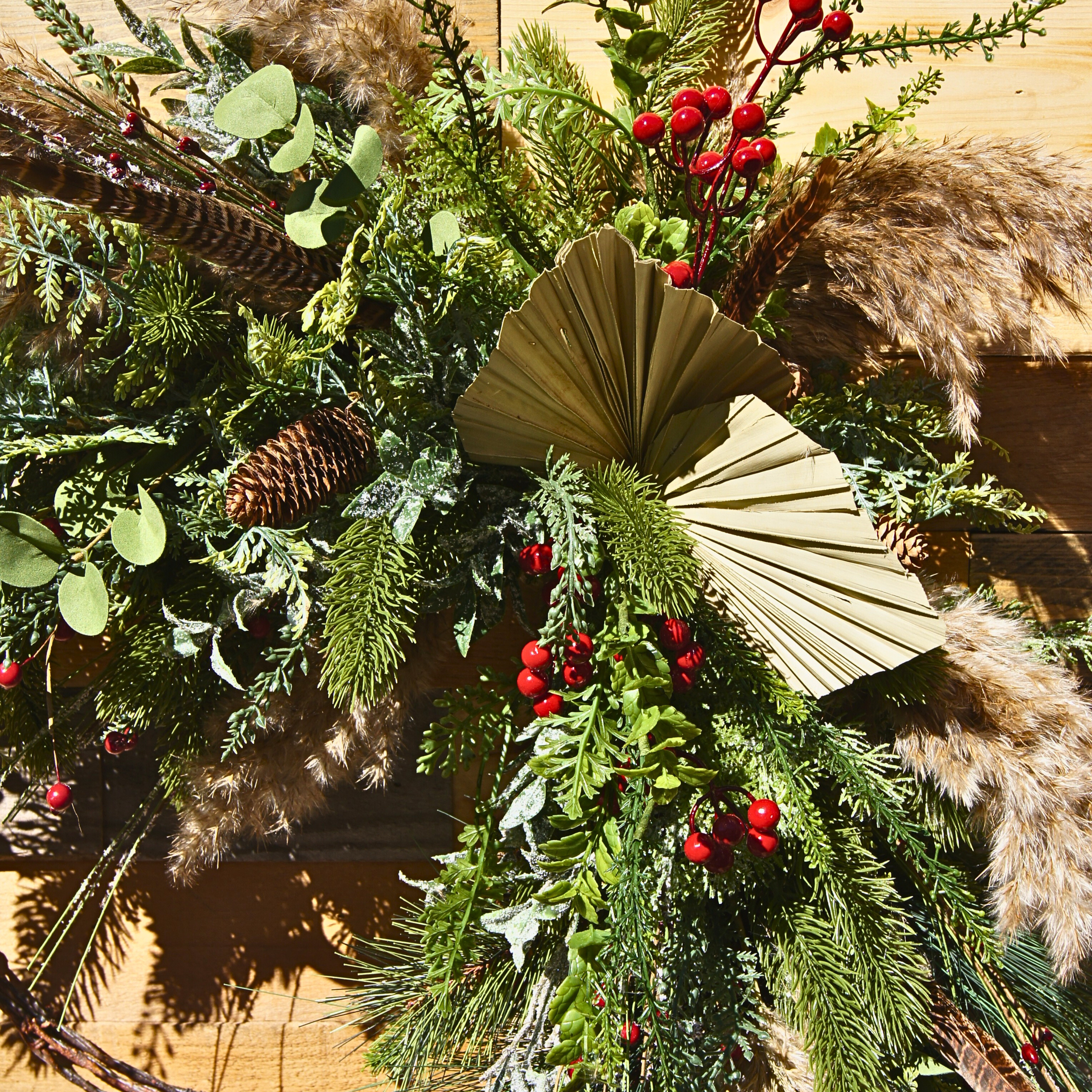 Boho Winter Wreath with Pampas Grass, Red Berries & Pinecones – Rustic Barbed Wire Base