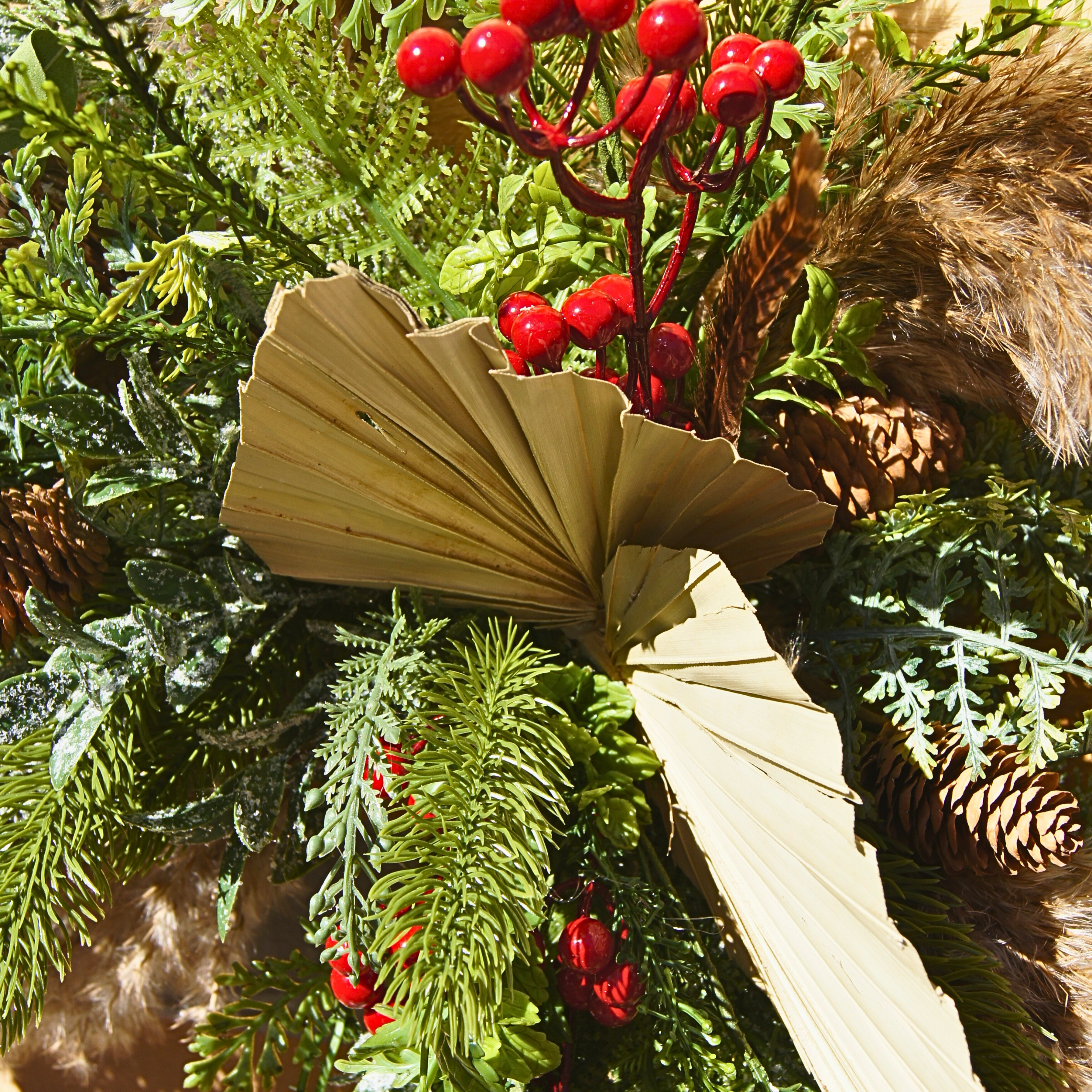 Boho Winter Wreath with Pampas Grass, Red Berries & Pinecones – Rustic Barbed Wire Base