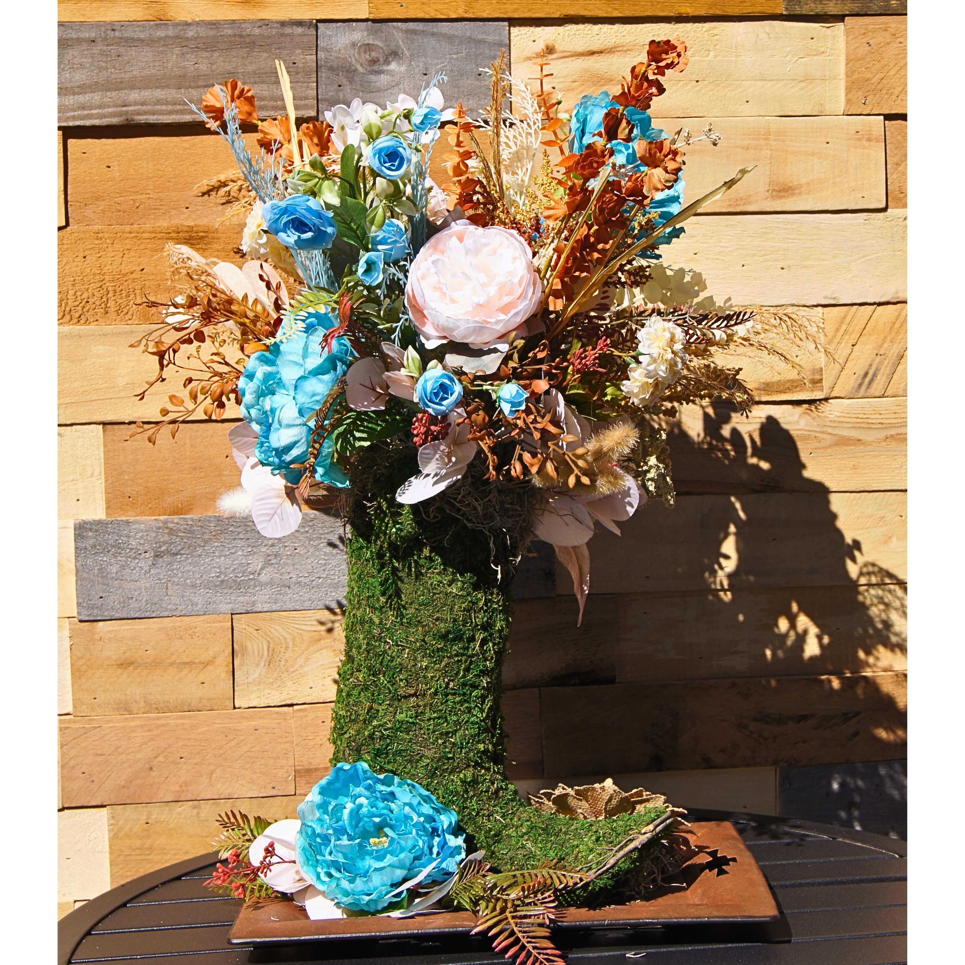 Boho Moss Cowboy Boot Floral Arrangement, Rustic Western Home Decor with Blue and Neutral Flowers