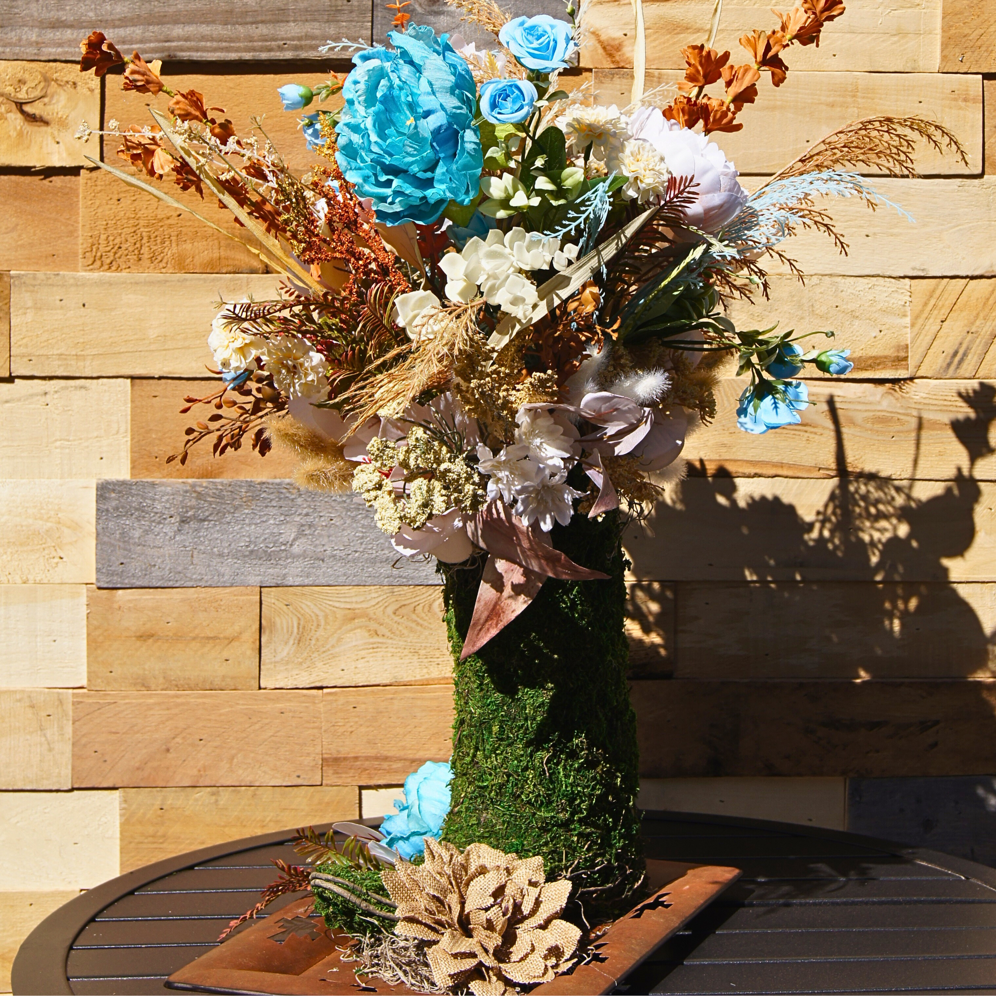 Boho Moss Cowboy Boot Floral Arrangement, Rustic Western Home Decor with Blue and Neutral Flowers