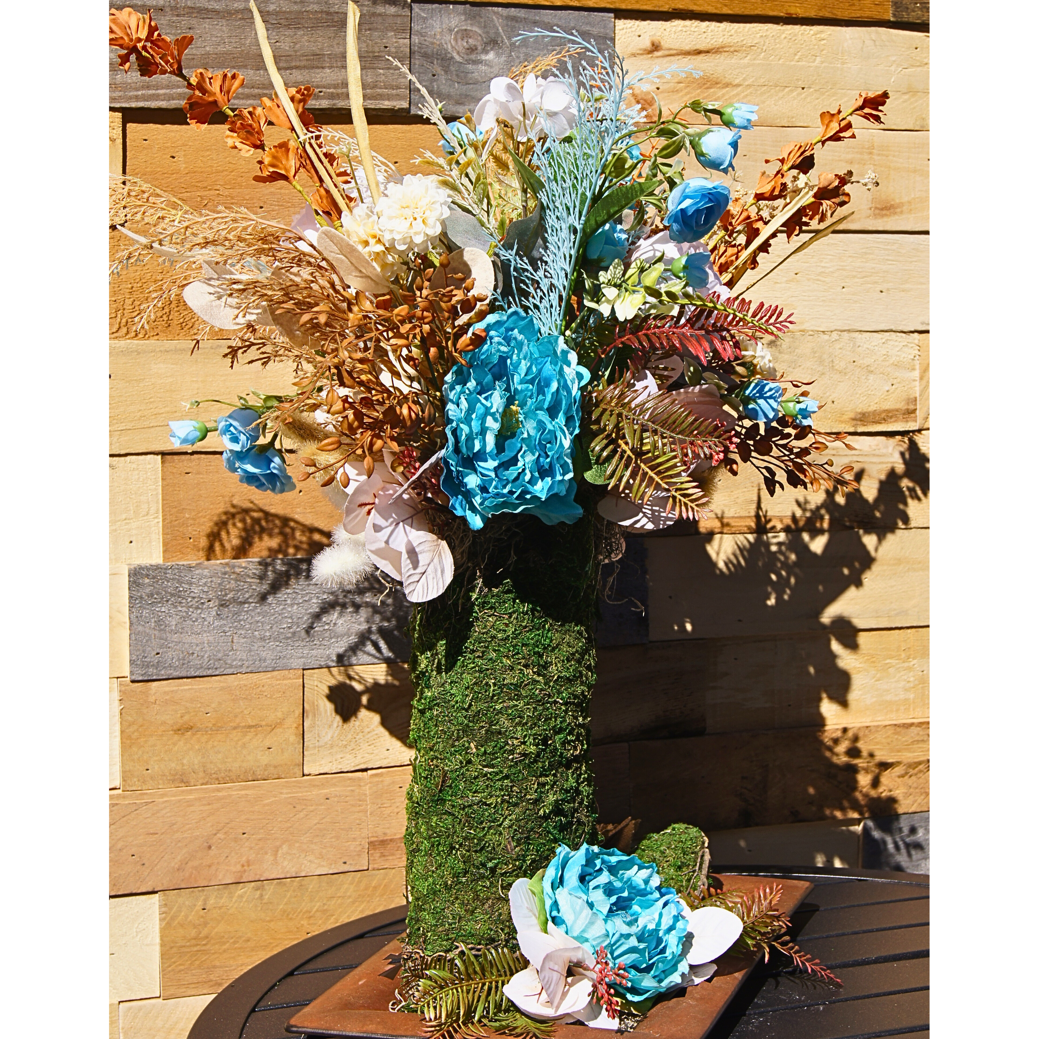Boho Moss Cowboy Boot Floral Arrangement, Rustic Western Home Decor with Blue and Neutral Flowers