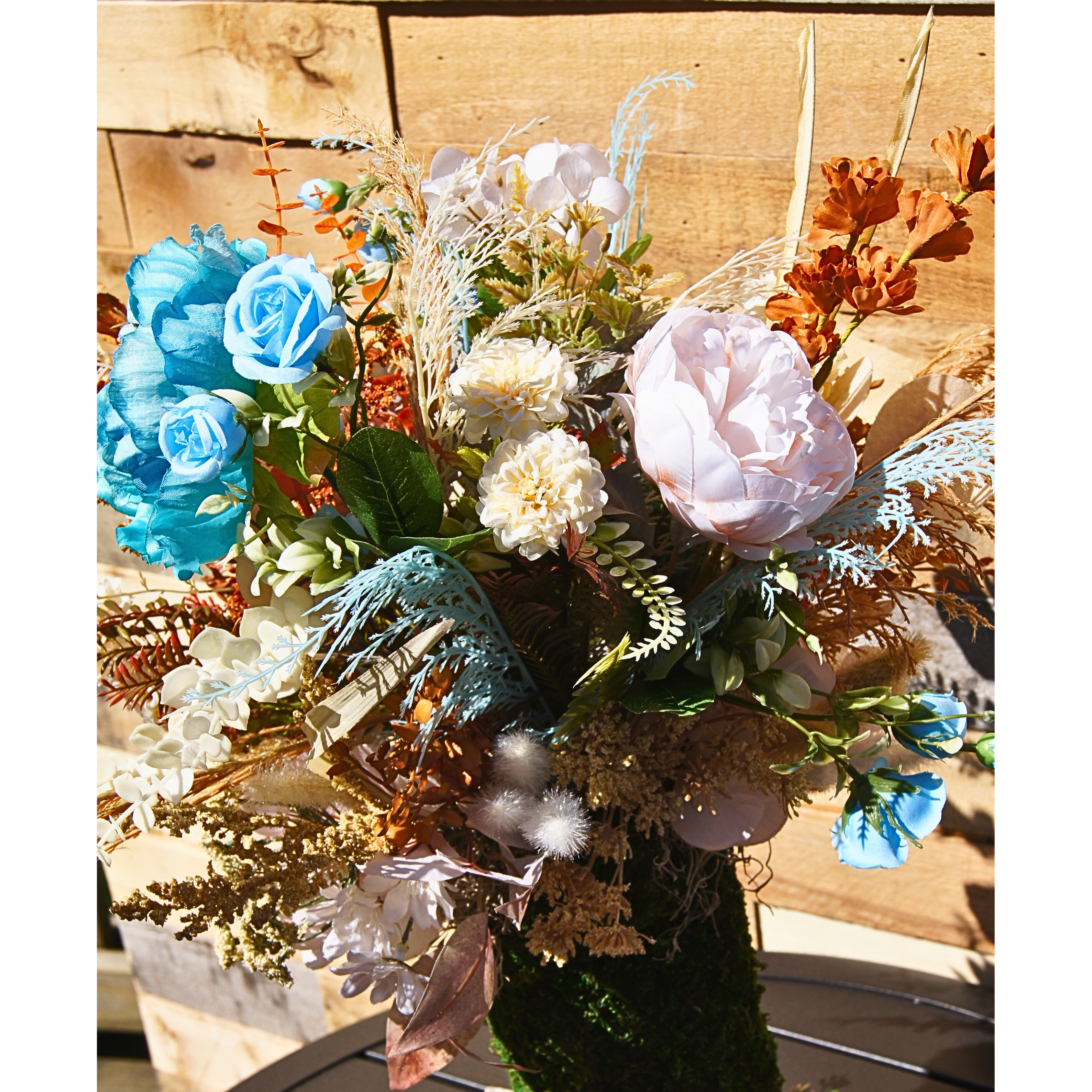 Boho Moss Cowboy Boot Floral Arrangement, Rustic Western Home Decor with Blue and Neutral Flowers