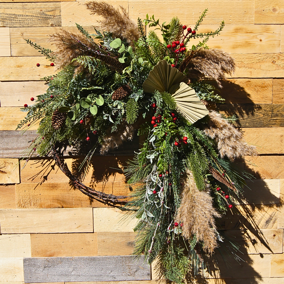 Boho Winter Wreath with Pampas Grass, Red Berries & Pinecones – Rustic Barbed Wire Base