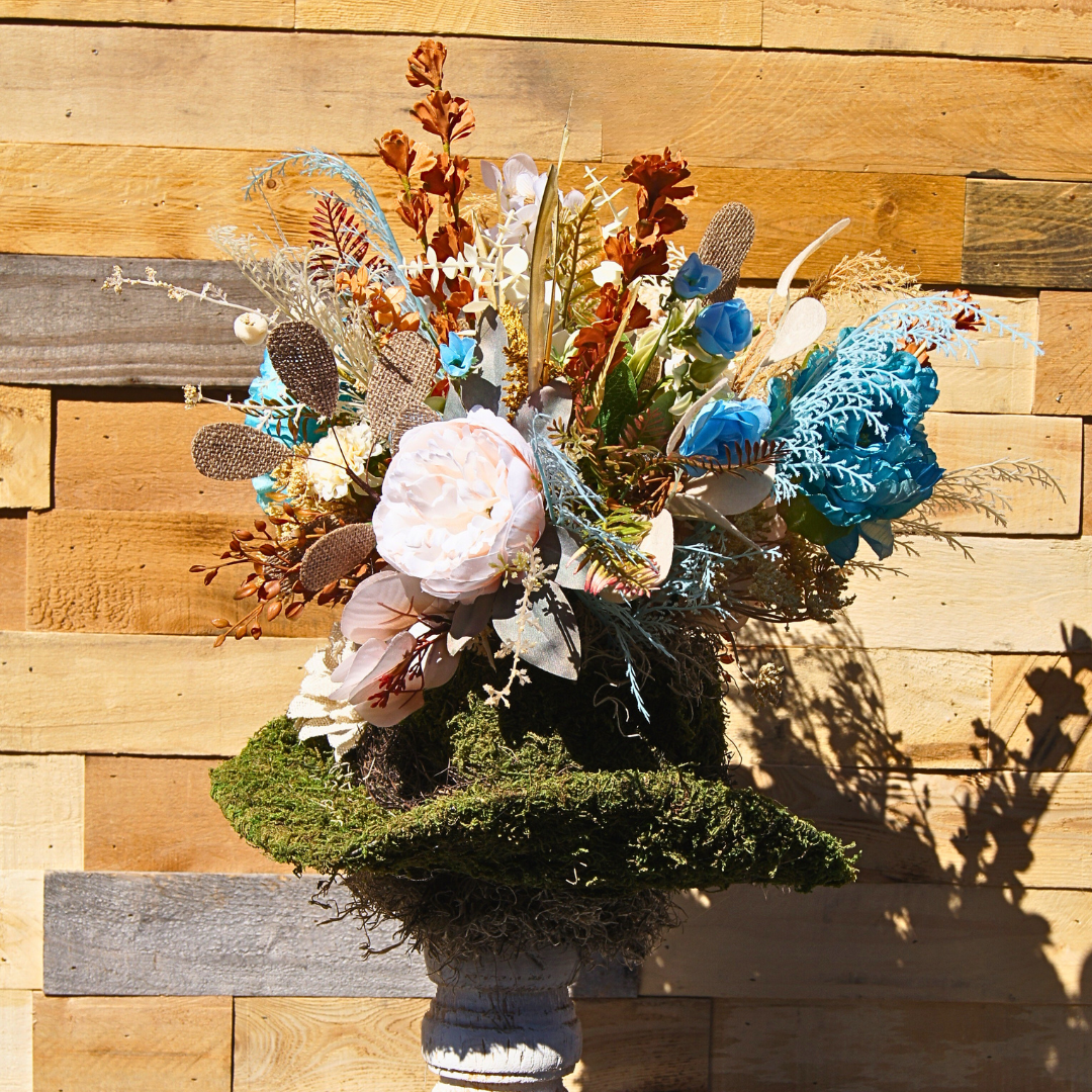 Boho Moss Cowboy Hat Floral Arrangement with Dried and Faux Flowers – Rustic Western Home Décor