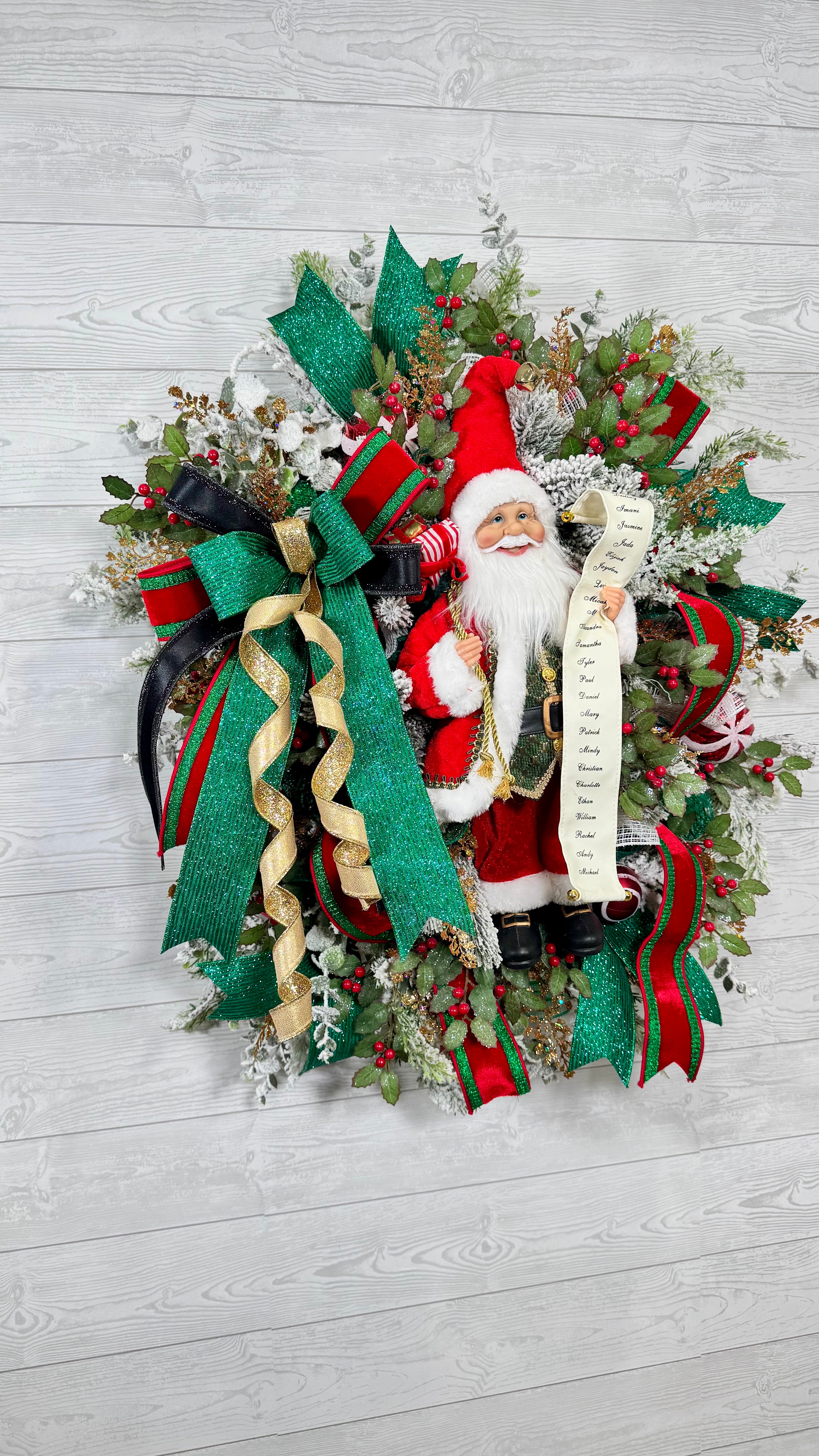 Santa Christmas Wreath, Festive Holiday Wreath with Santa Figure, Green and Gold Ribbon, Red Berries & Peppermint Accents