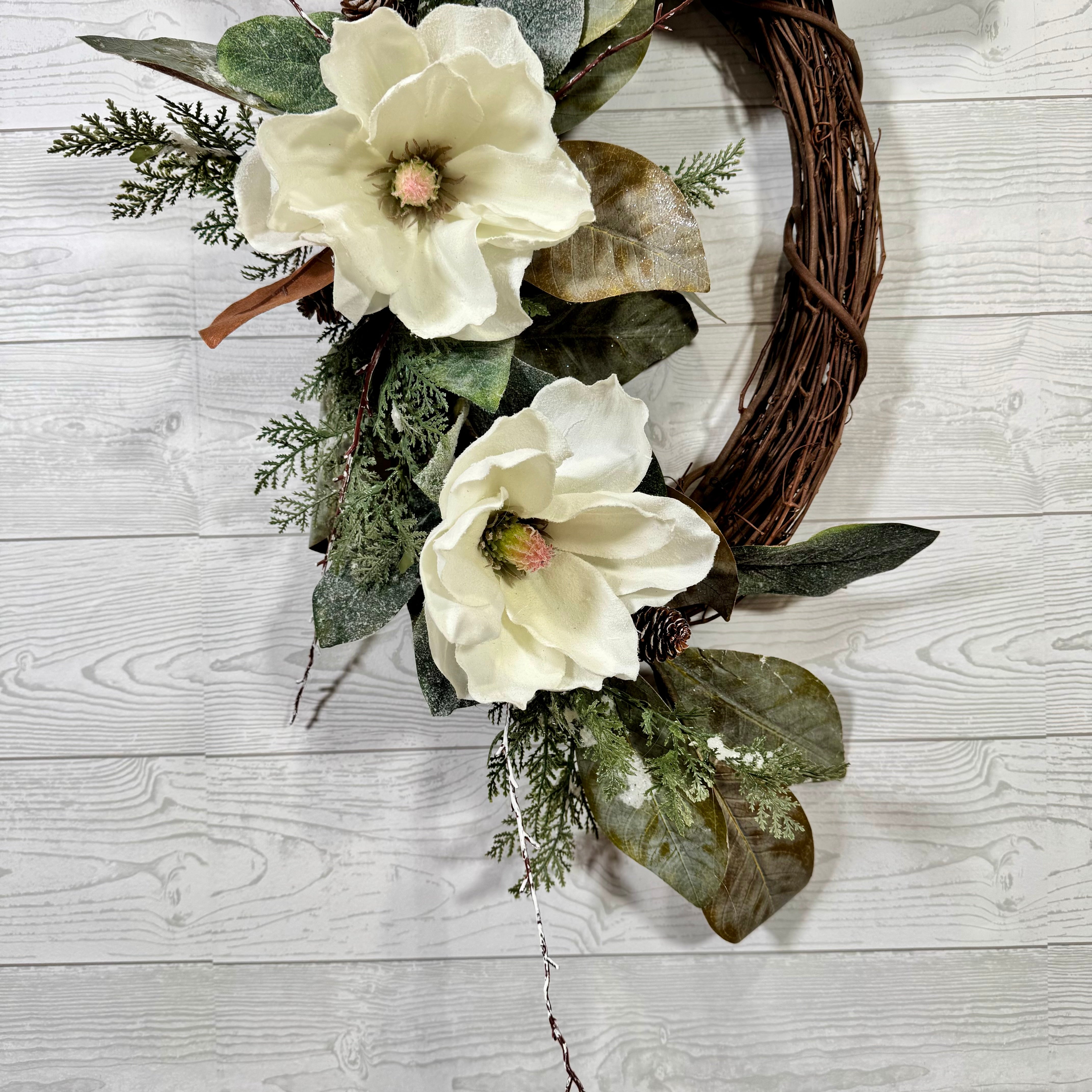 Elegant White Snowy Magnolia Wreath with Natural Greenery, Pine Accents, and Rustic Grapevine Base for Year-Round Front Door Decor