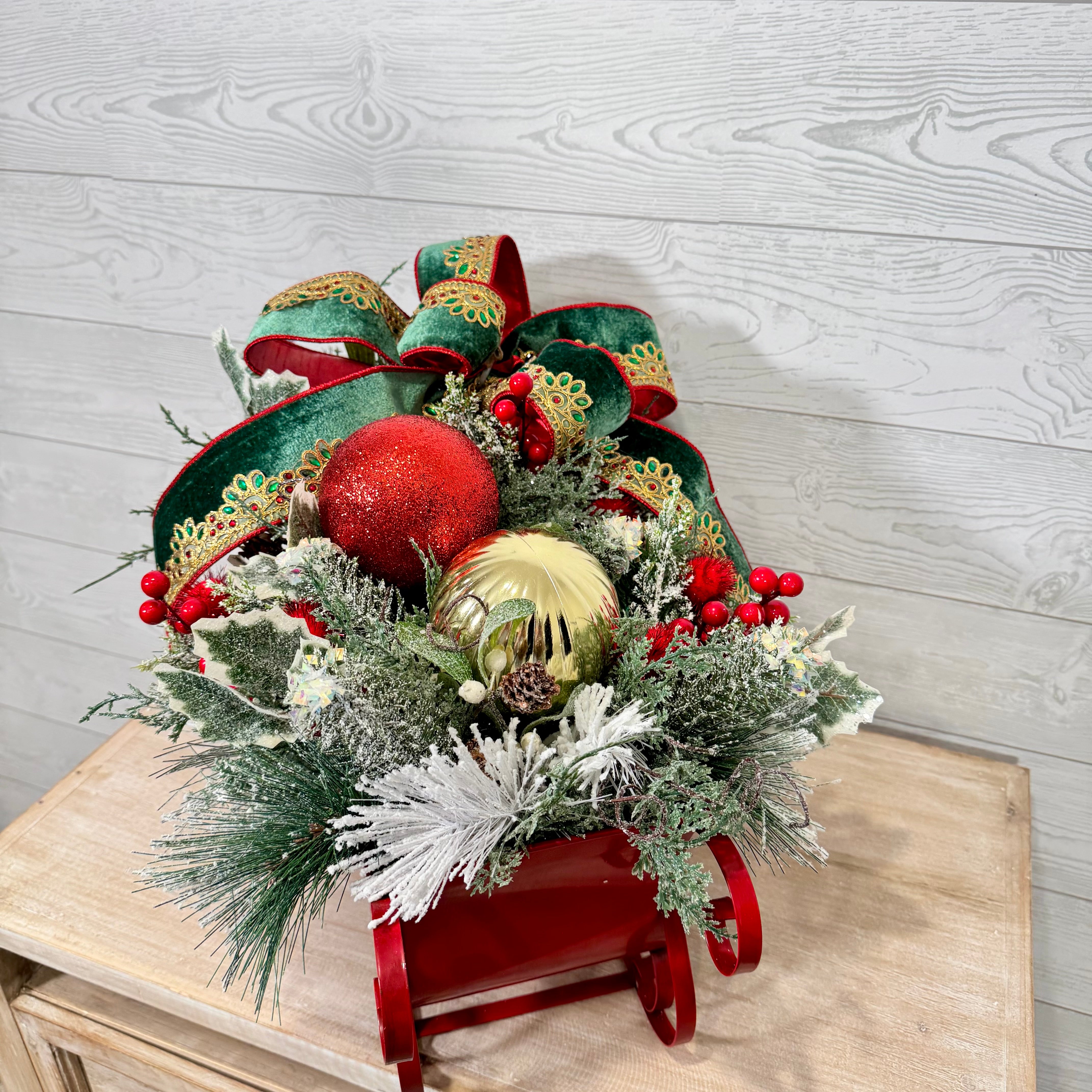 Red Sleigh Christmas Centerpiece, Green Velvet Bow and Ornament Holiday Arrangement, Festive Table Décor