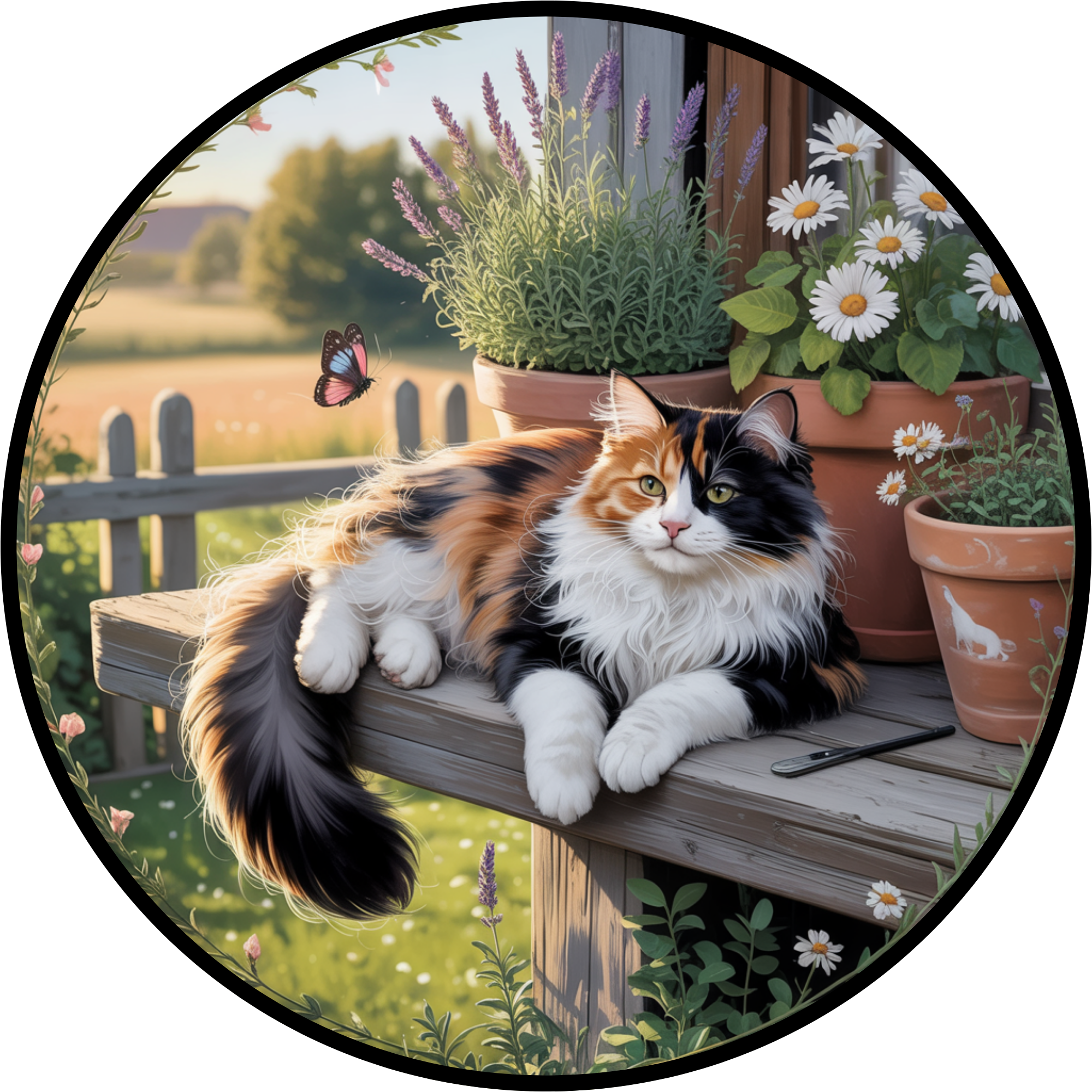 Corona de porche con diseño de gato calicó: encanto campestre con mariposas y flores