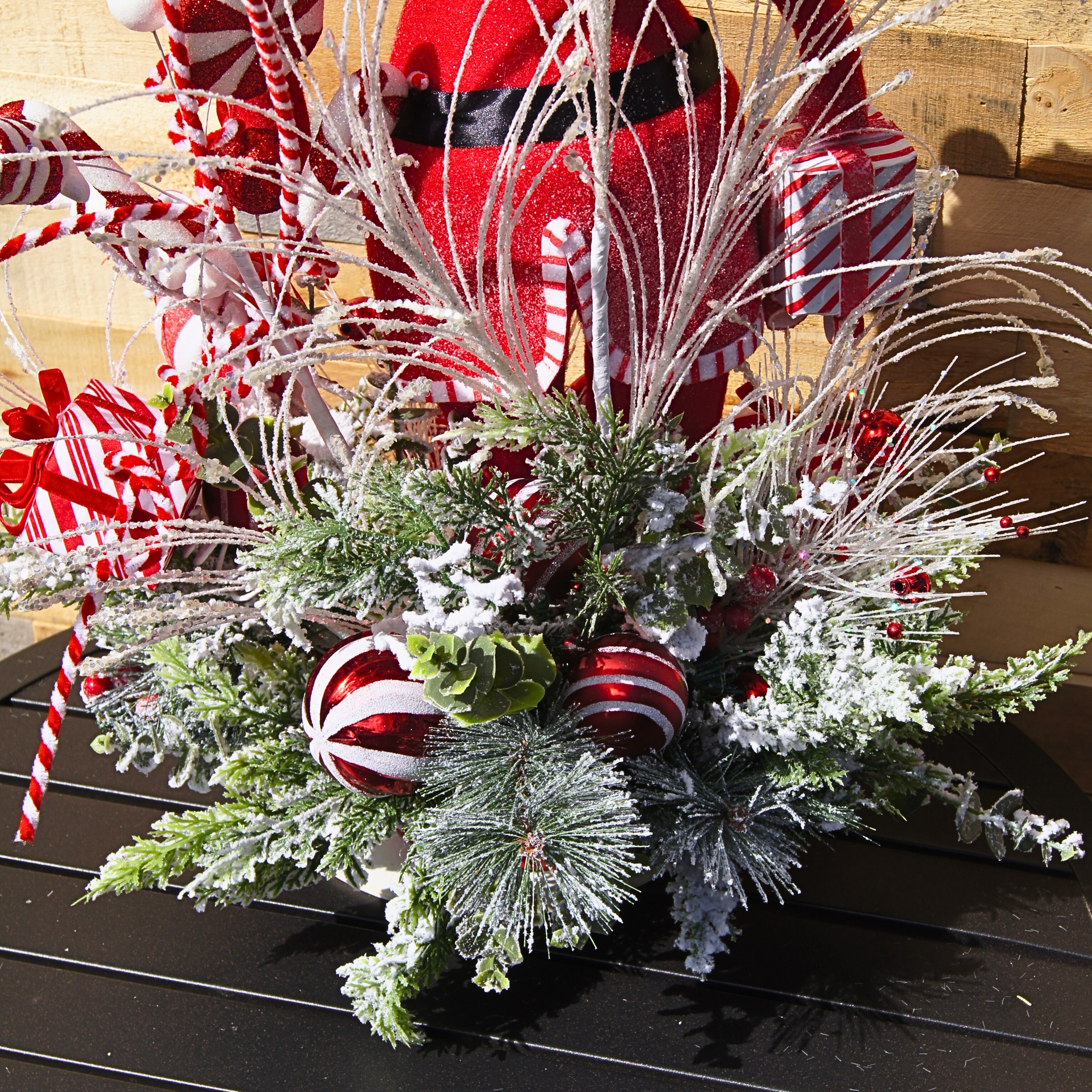 Whimsical Santa Christmas Centerpiece with Candy Cane Accents and Peppermint Gift Details
