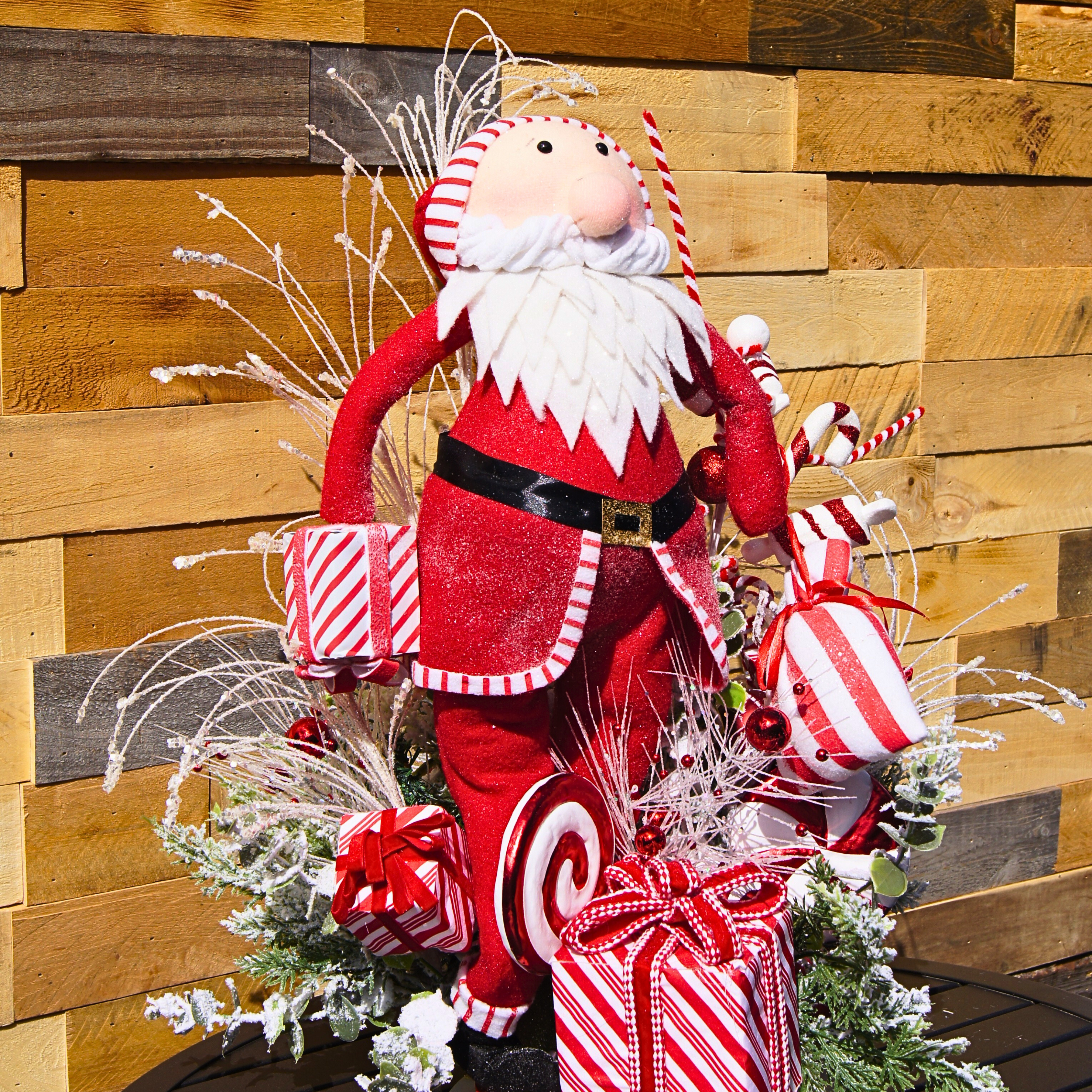 Whimsical Santa Christmas Centerpiece with Candy Cane Accents and Peppermint Gift Details