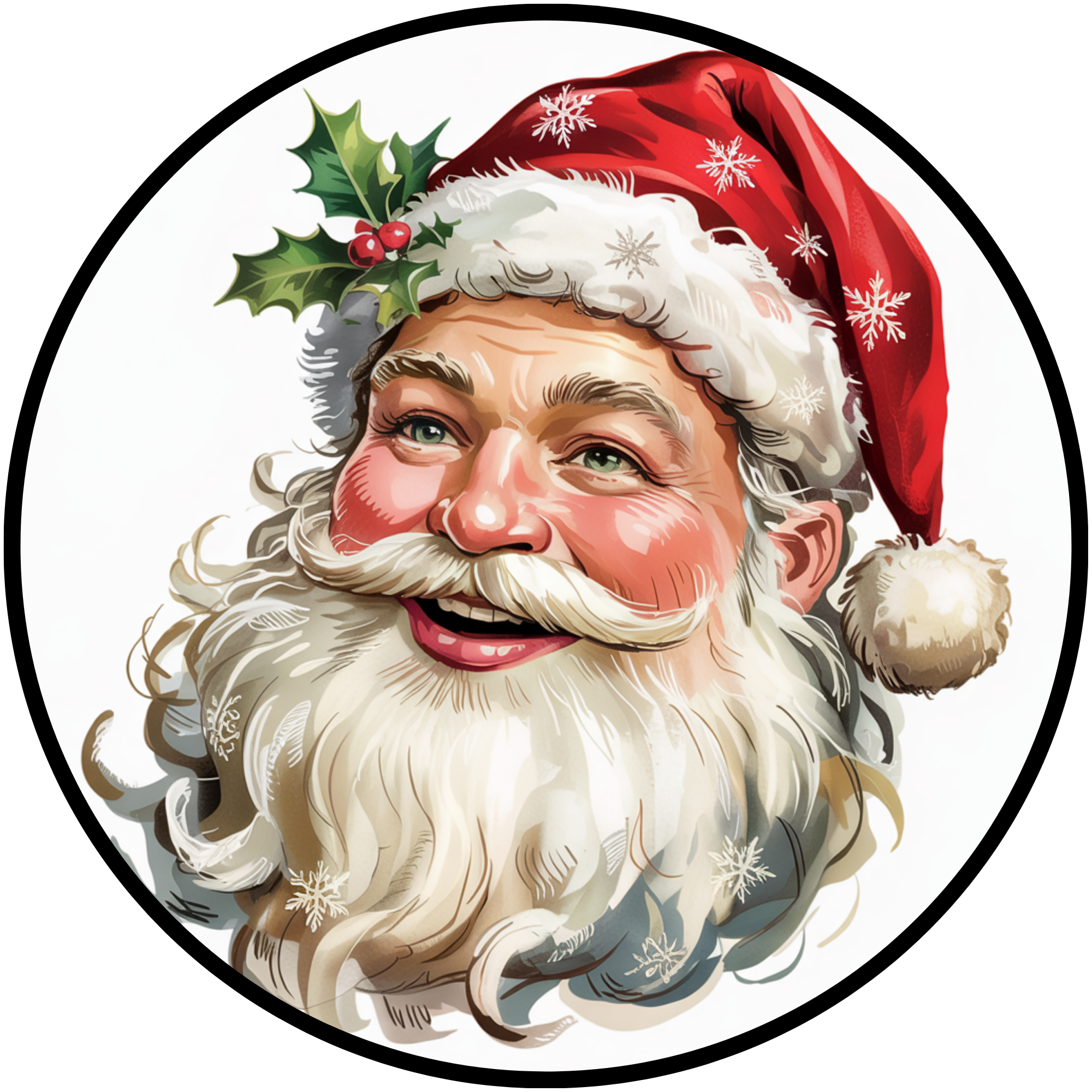 Classic Santa Claus Face Design with Holly Accent and Snowflakes for Traditional Christmas Décor