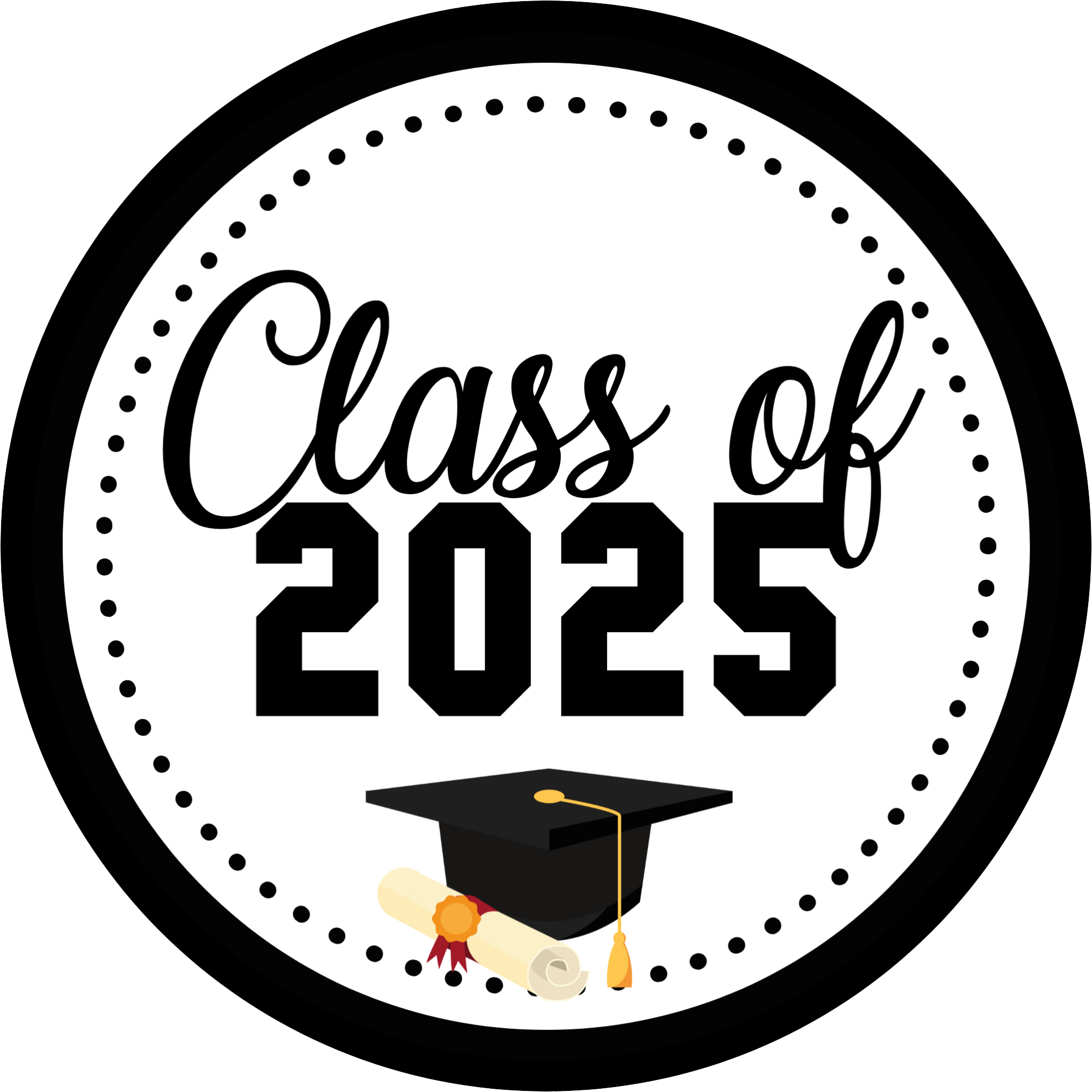 Letrero de graduación de 2025: redondo, de metal sublimado en blanco y negro, con birrete y diploma, ideal para corona o como recuerdo.