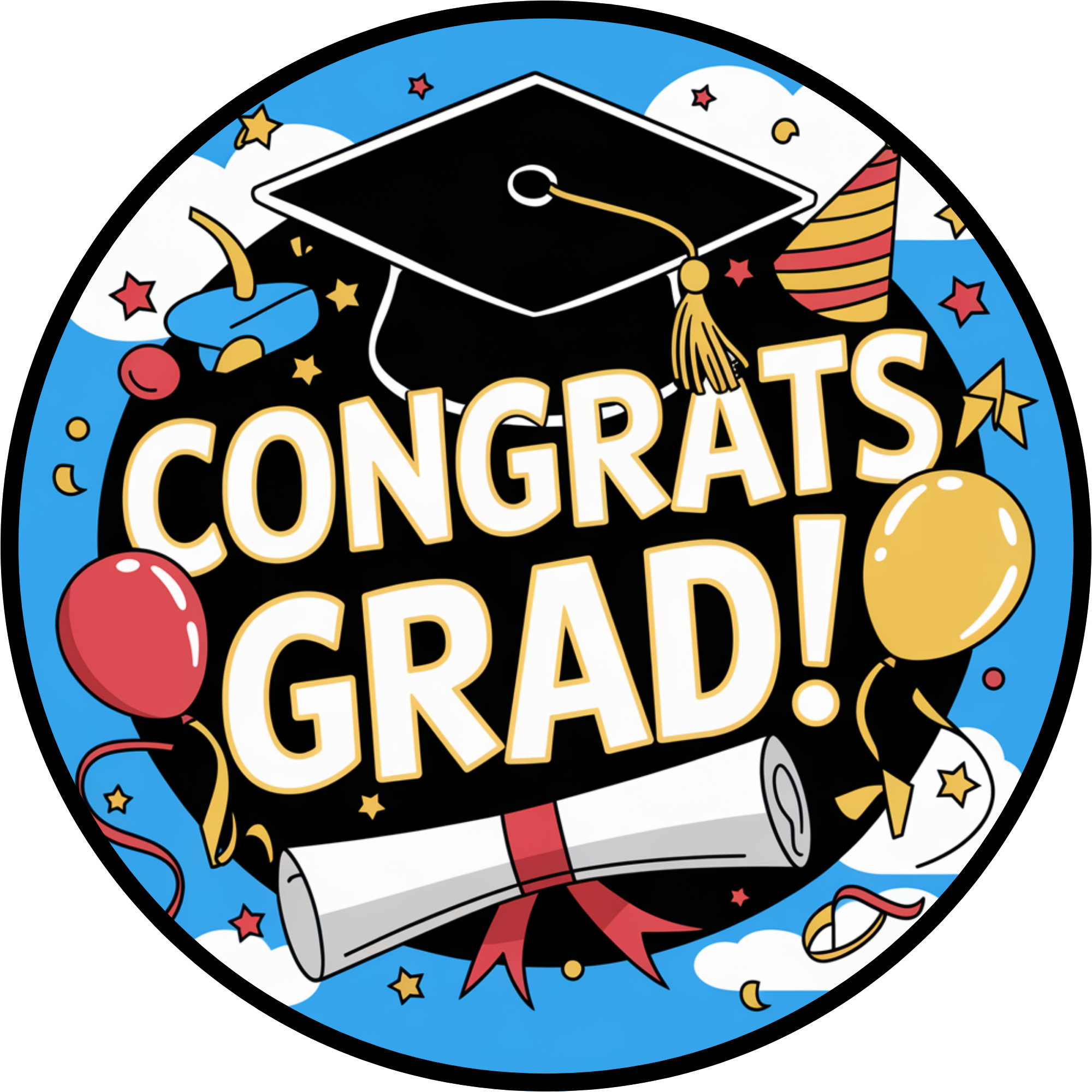 Letrero de "Felicidades Graduado": Decoración redonda de metal sublimada con dibujos animados para graduación, con birrete, diploma, globos y detalles de fiesta, ideal para corona o decoración de pared.