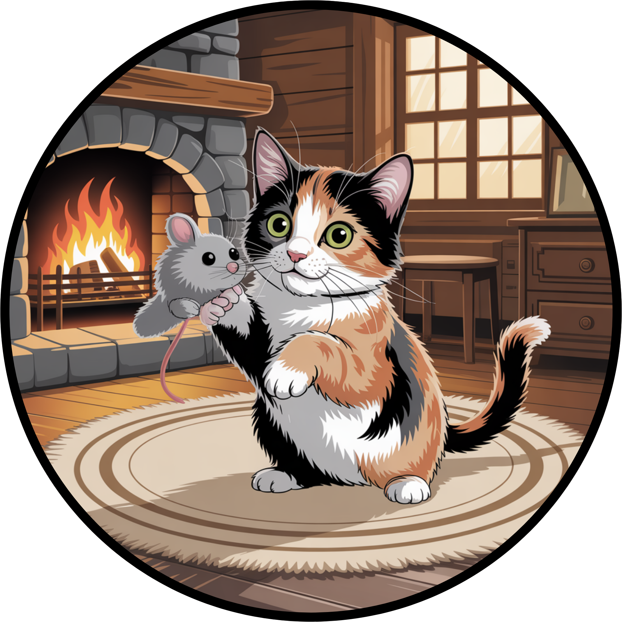 Letrero de corona con gatito calicó jugando con un ratón de juguete – Decoración acogedora para gatos en una cabaña