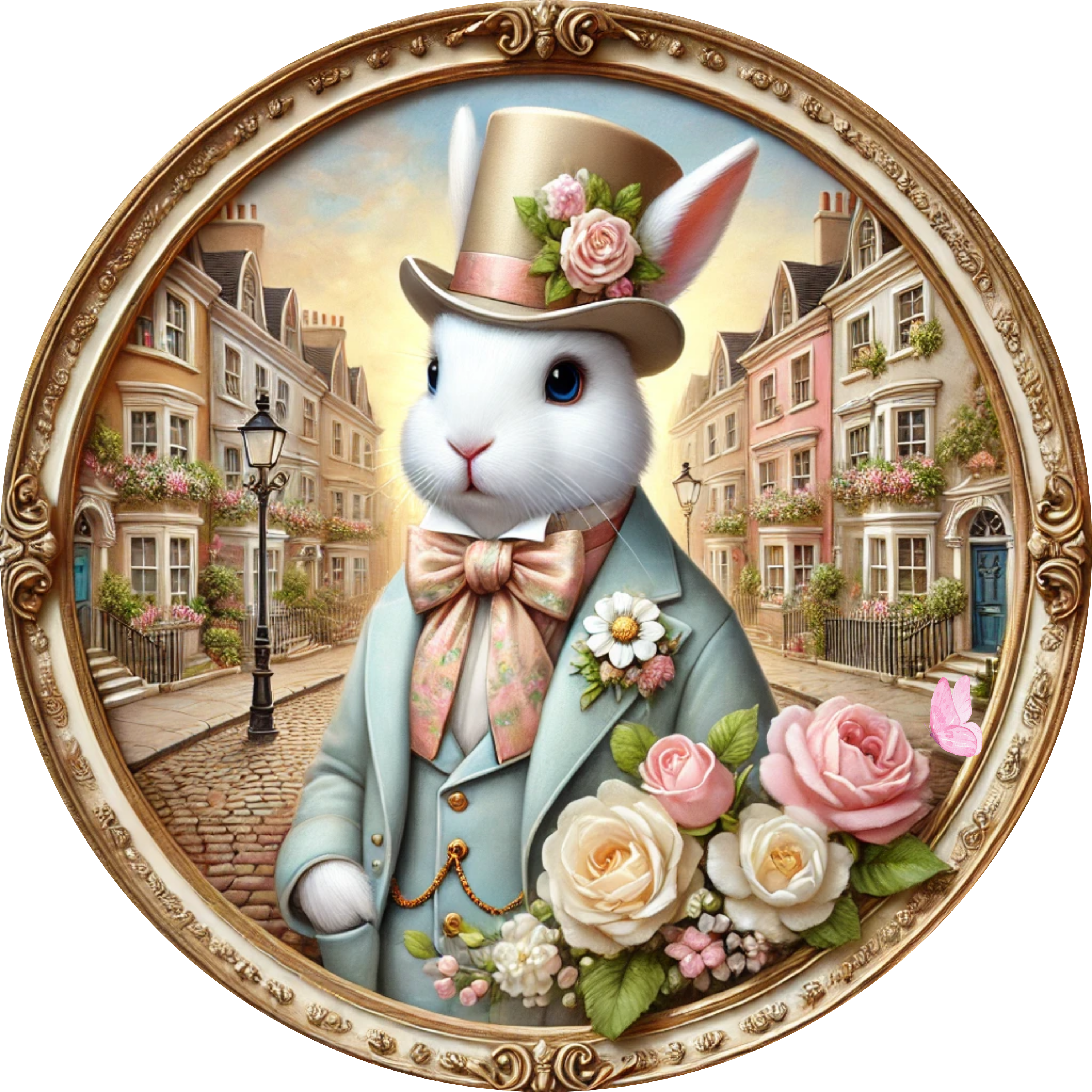 Arte mural de conejo de la Regencia, retrato vintage de conejo, estampado animal victoriano, elegante decoración de conejo, regalo floral de conejo, decoración de Pascua para el hogar