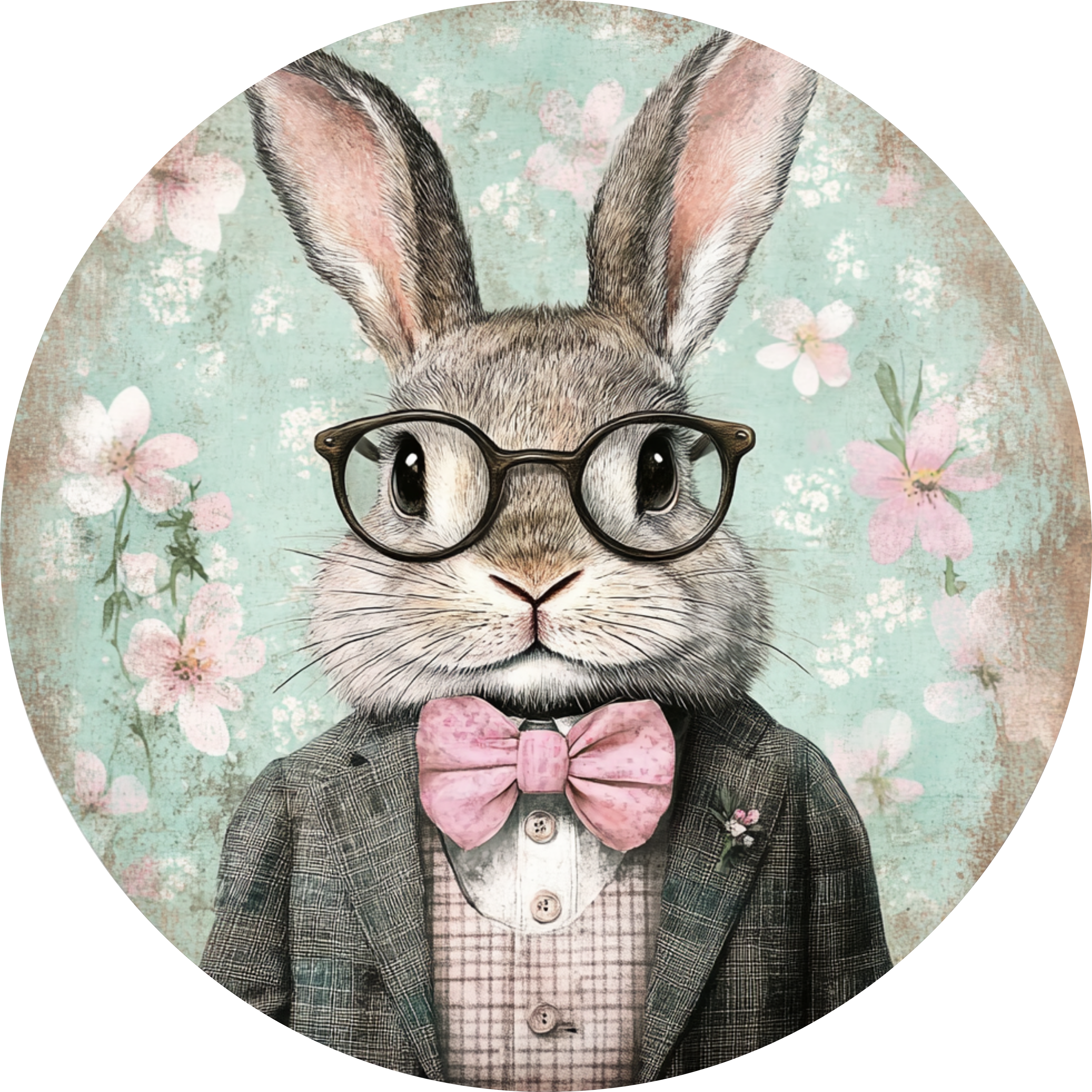 Arte mural de conejito elegante, impresión vintage de conejo, decoración antropomórfica de conejo, conejito floral primaveral, arte animal victoriano, regalo de conejo de Pascua