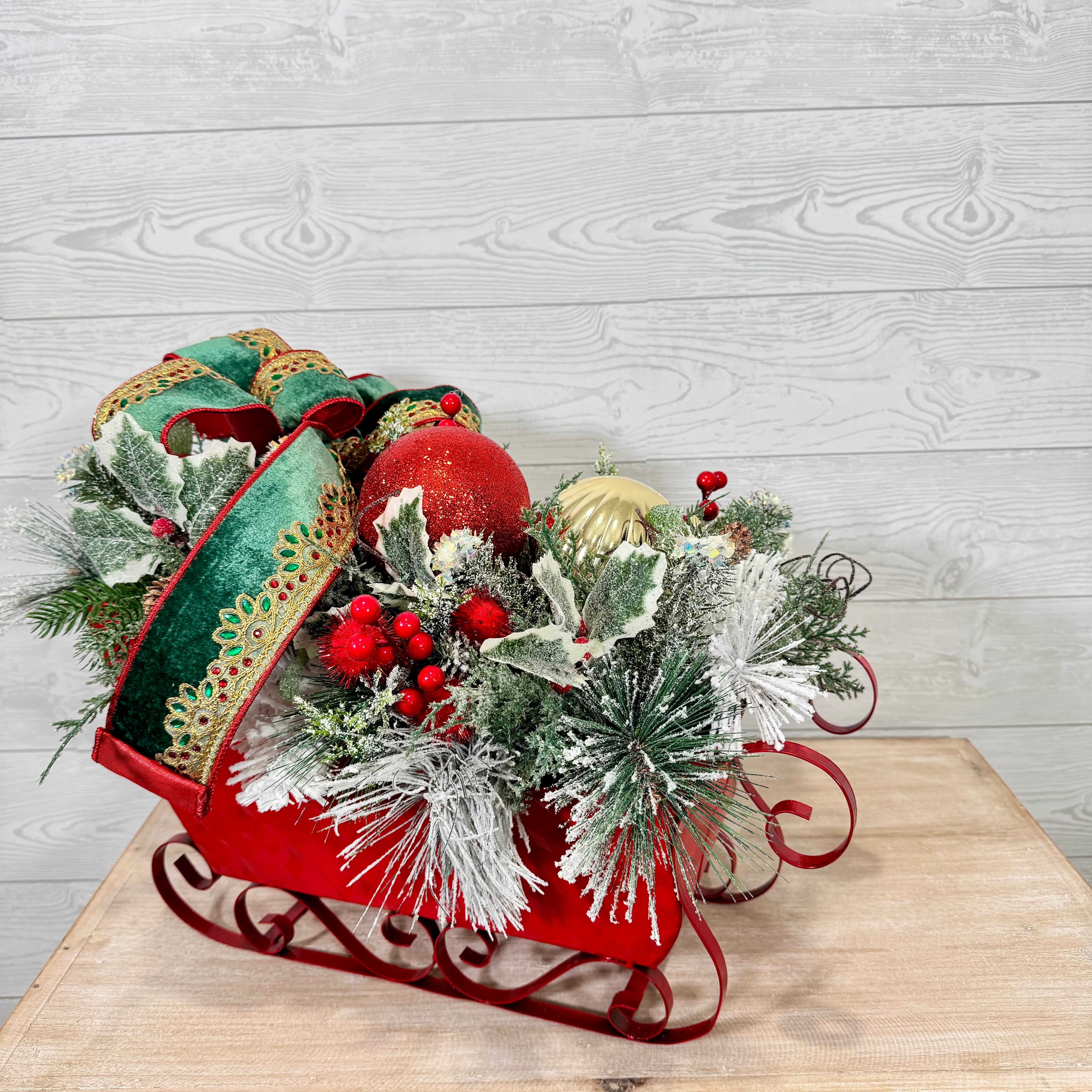 Red Sleigh Christmas Centerpiece, Green Velvet Bow and Ornament Holiday Arrangement, Festive Table Décor
