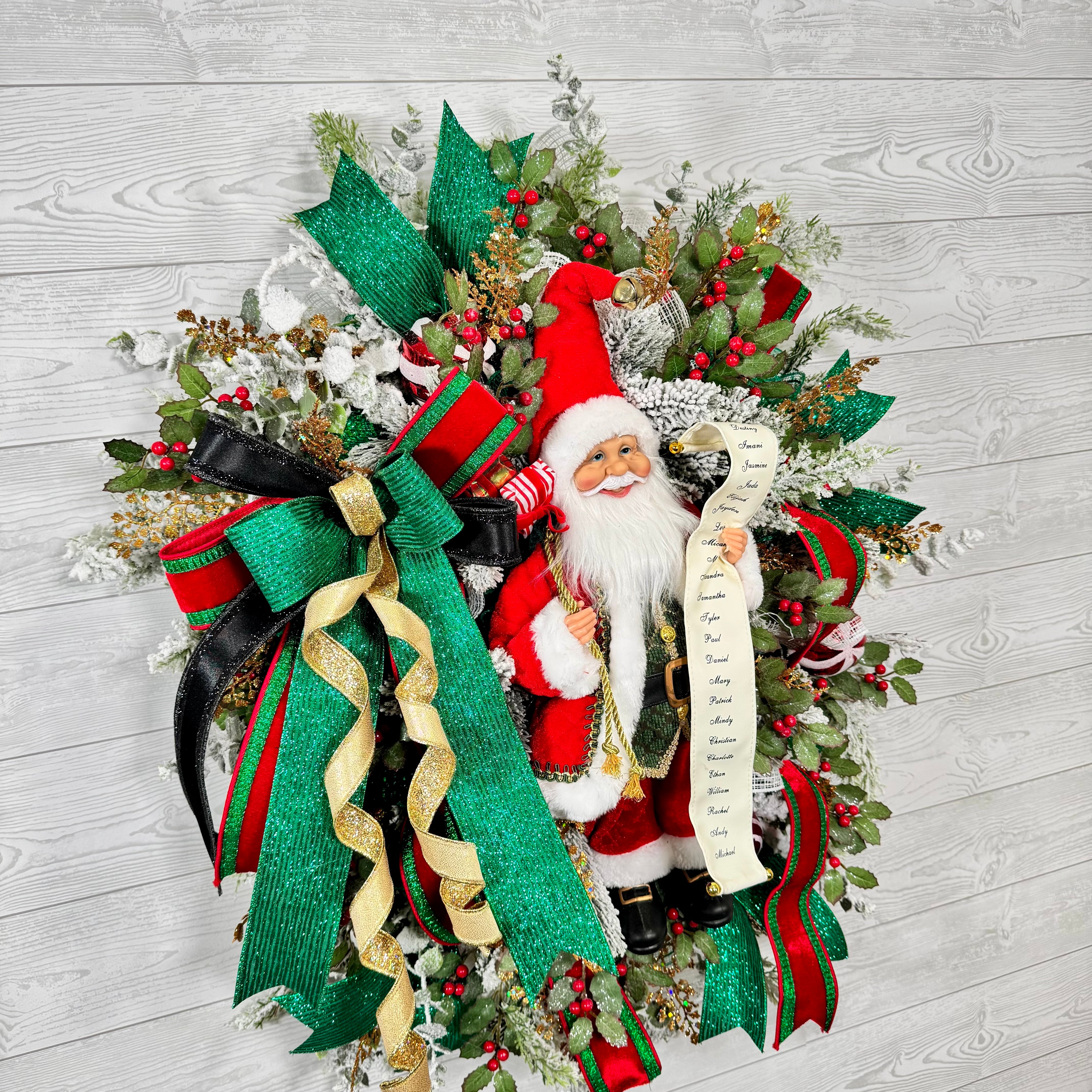 Santa Christmas Wreath, Festive Holiday Wreath with Santa Figure, Green and Gold Ribbon, Red Berries & Peppermint Accents