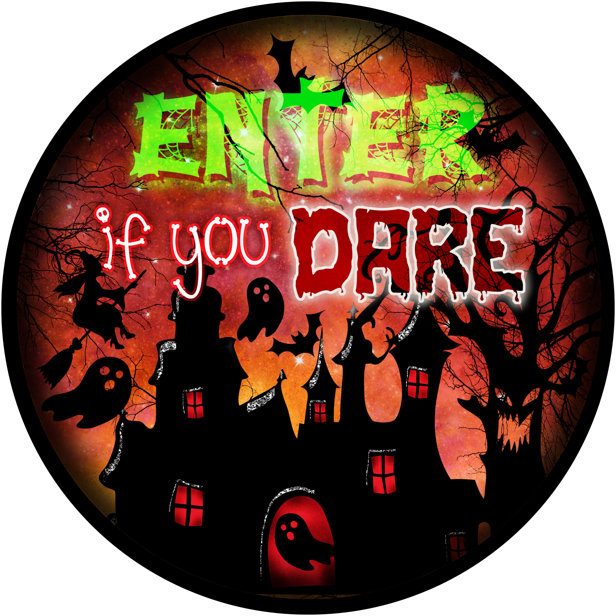 Enter If You Dare Haunted House Sign, Spooky Halloween Round Sign, Wreath Sign with Ghosts and Witches