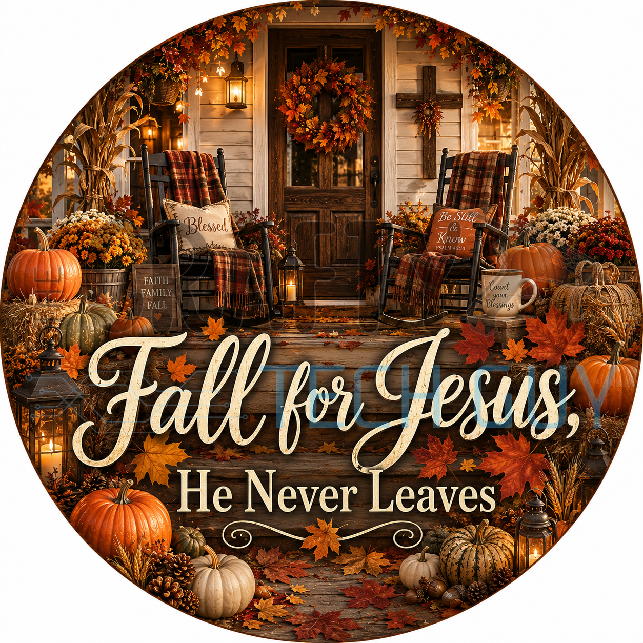 Fall For Jesus He Never Leaves round sign with cozy autumn front porch, rocking chairs, wreath, and pumpkins