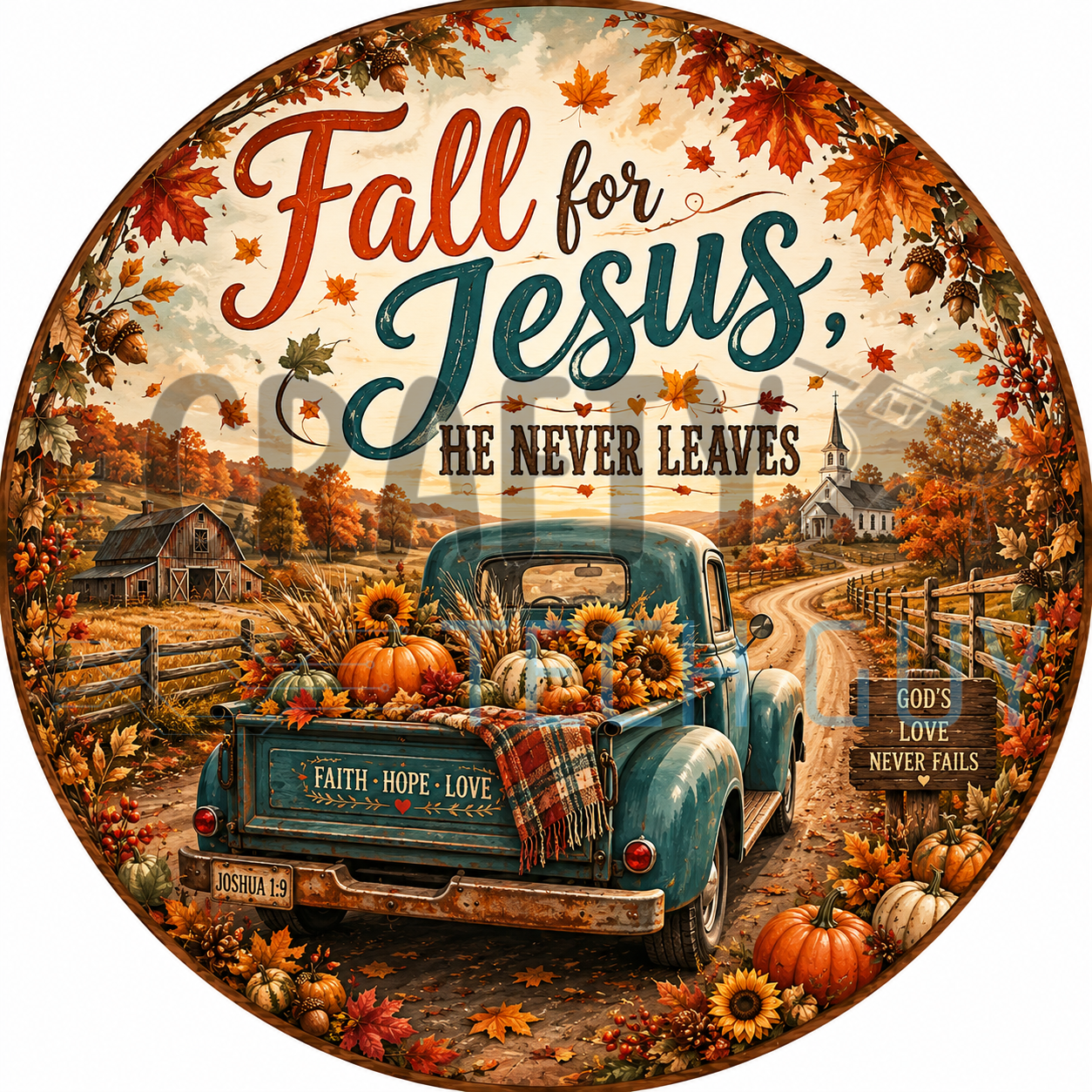 Fall For Jesus He Never Leaves round sign with vintage teal truck, pumpkins, sunflowers, and country barn