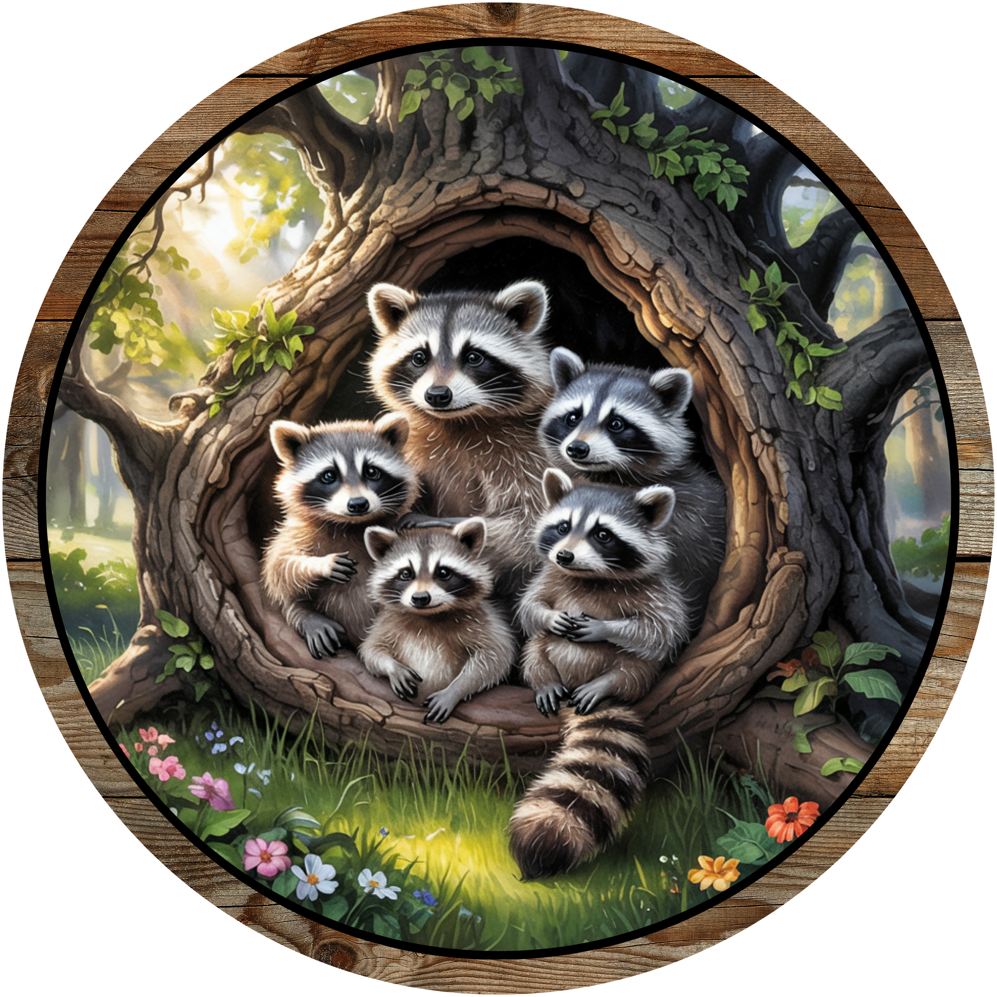 Family of Raccoons Art, Woodland Animal Design, Rustic Forest Scene, Cute Nature Home Decor