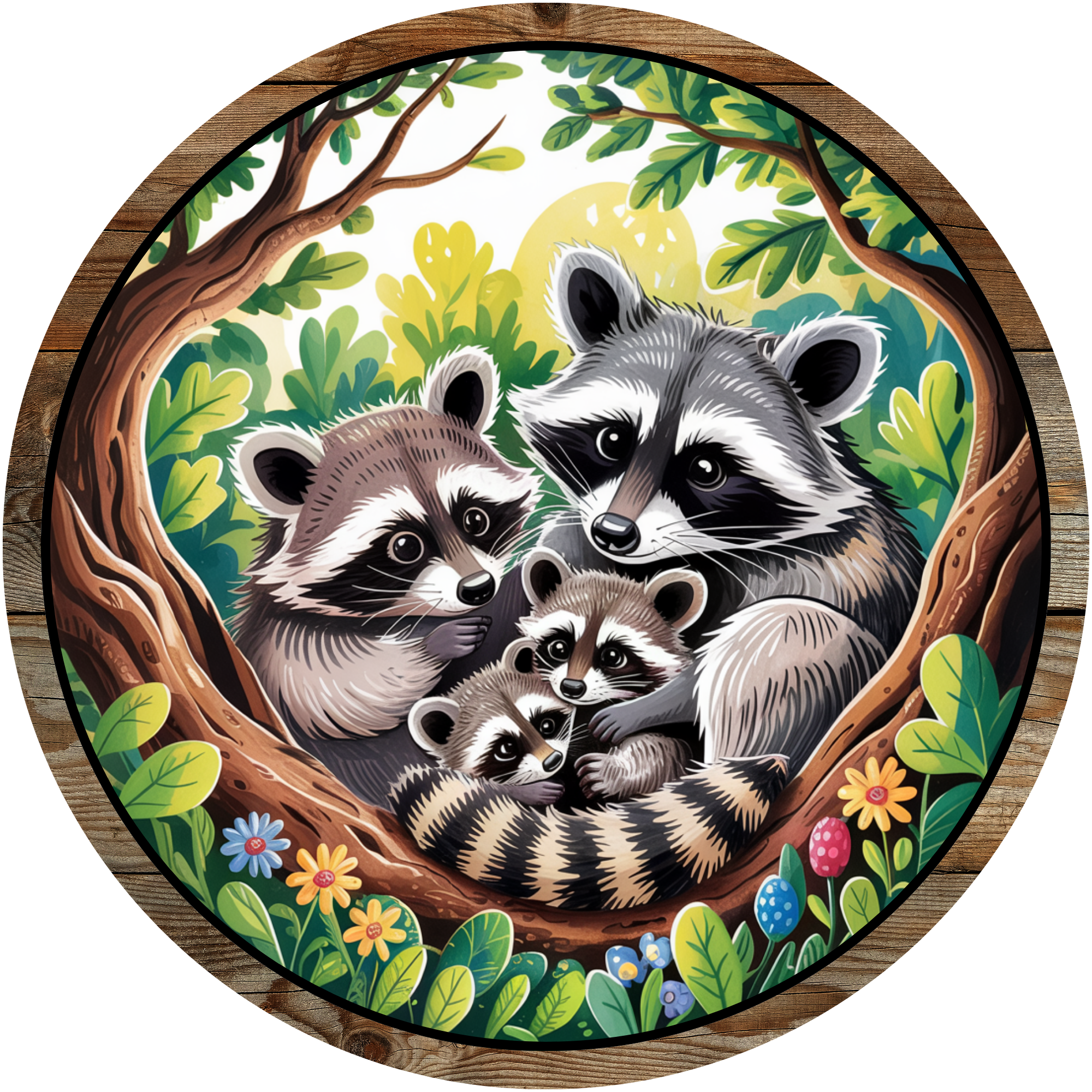 Family of Raccoons in Tree Art, Woodland Animal Design, Whimsical Forest Scene, Nature Inspired Home Decor