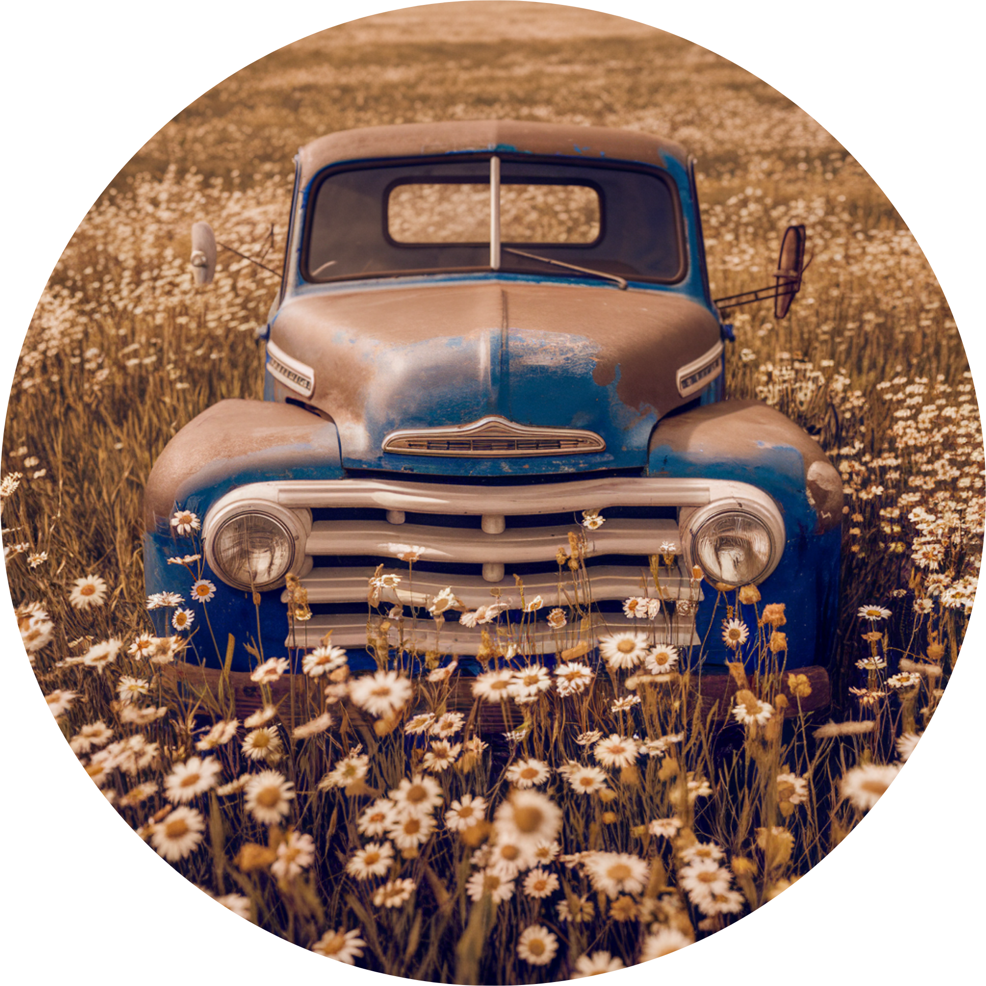 Letrero vintage de camión azul en un campo de margaritas, inserto de corona de metal sublimado, decoración rústica de primavera, arte campestre con diseño de camión