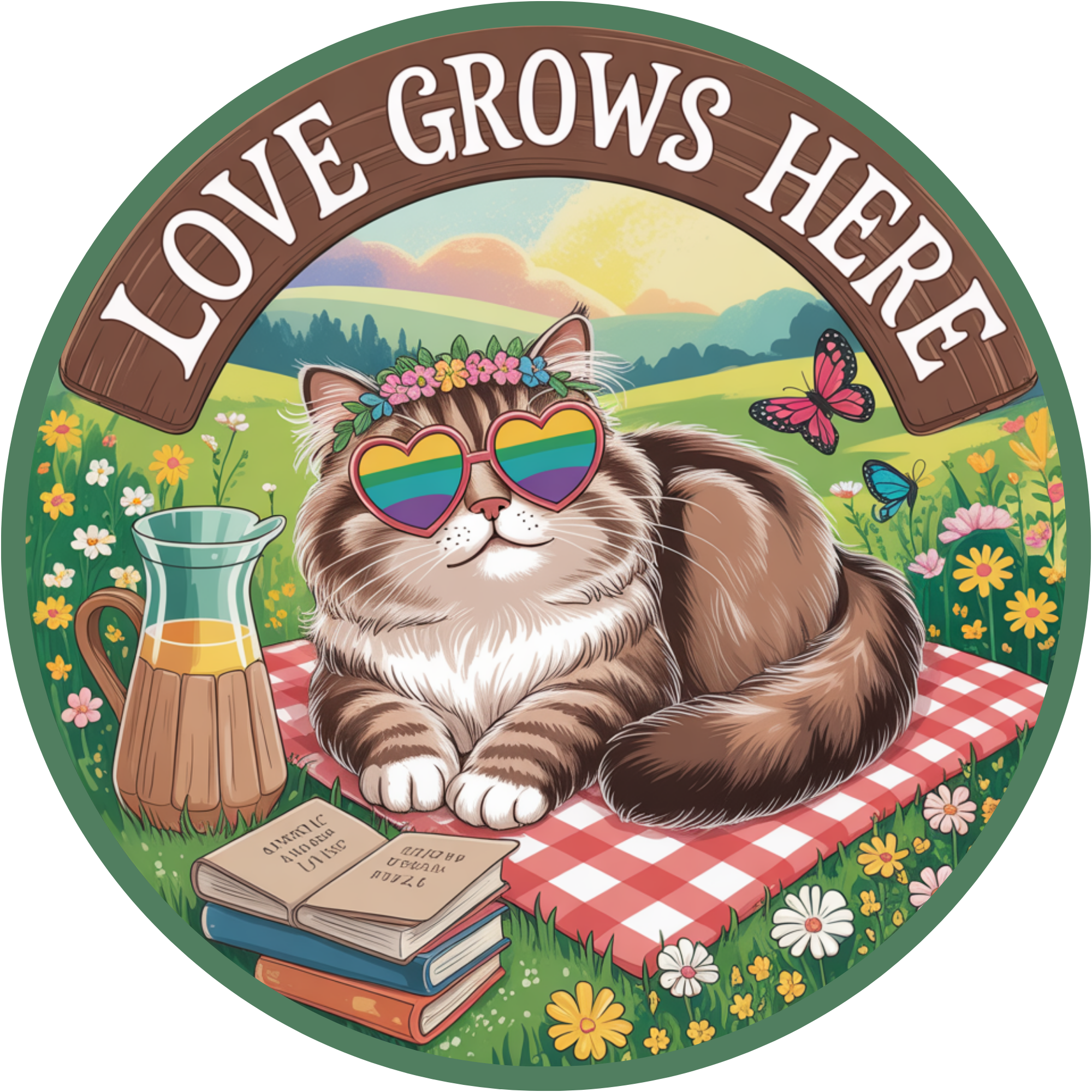 Letrero de gato "El amor crece aquí", letrero metálico de picnic del orgullo, letrero de corona de gato arcoíris LGBTQ+