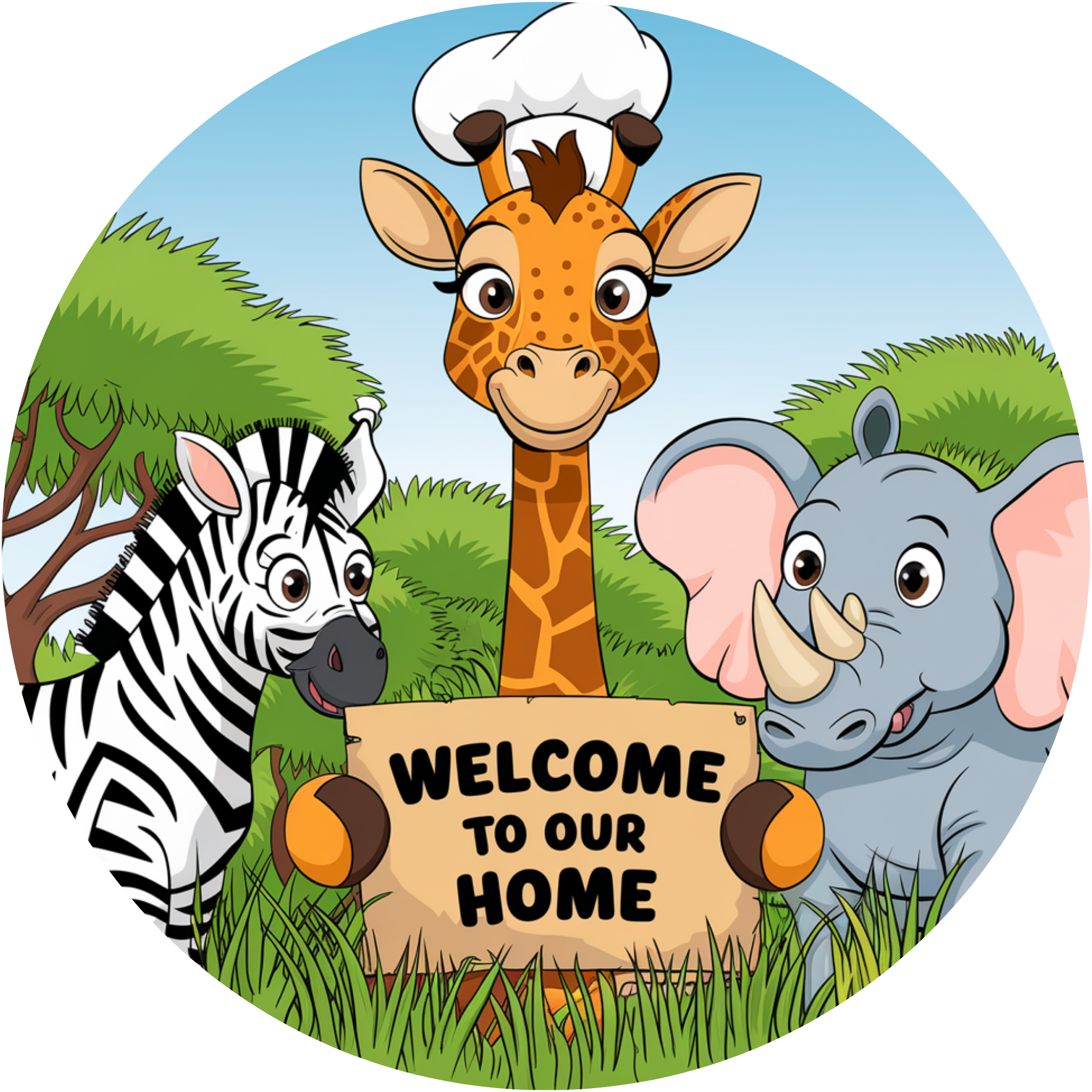 Welcome to Our Home Safari Animal Sign – Round Cartoon Metal Decor with Giraffe, Zebra & Elephant, Wreath Attachment or Kids’ Room Art