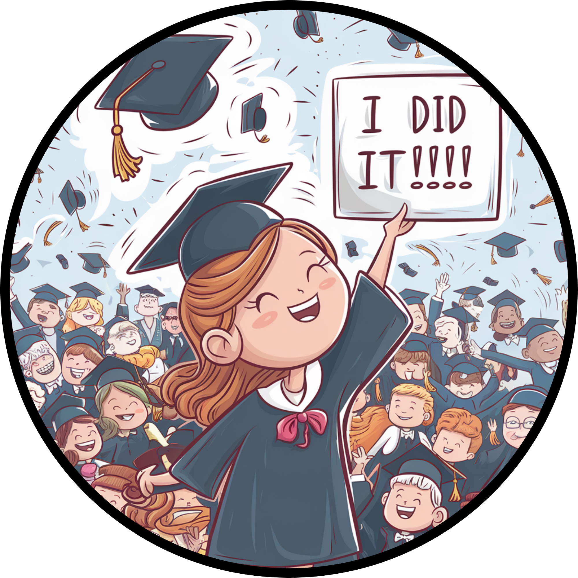 ¡Lo logré! Letrero de chica graduada: decoración metálica sublimada redonda con caricatura de multitud lanzando gorras, regalo de graduación para ella.