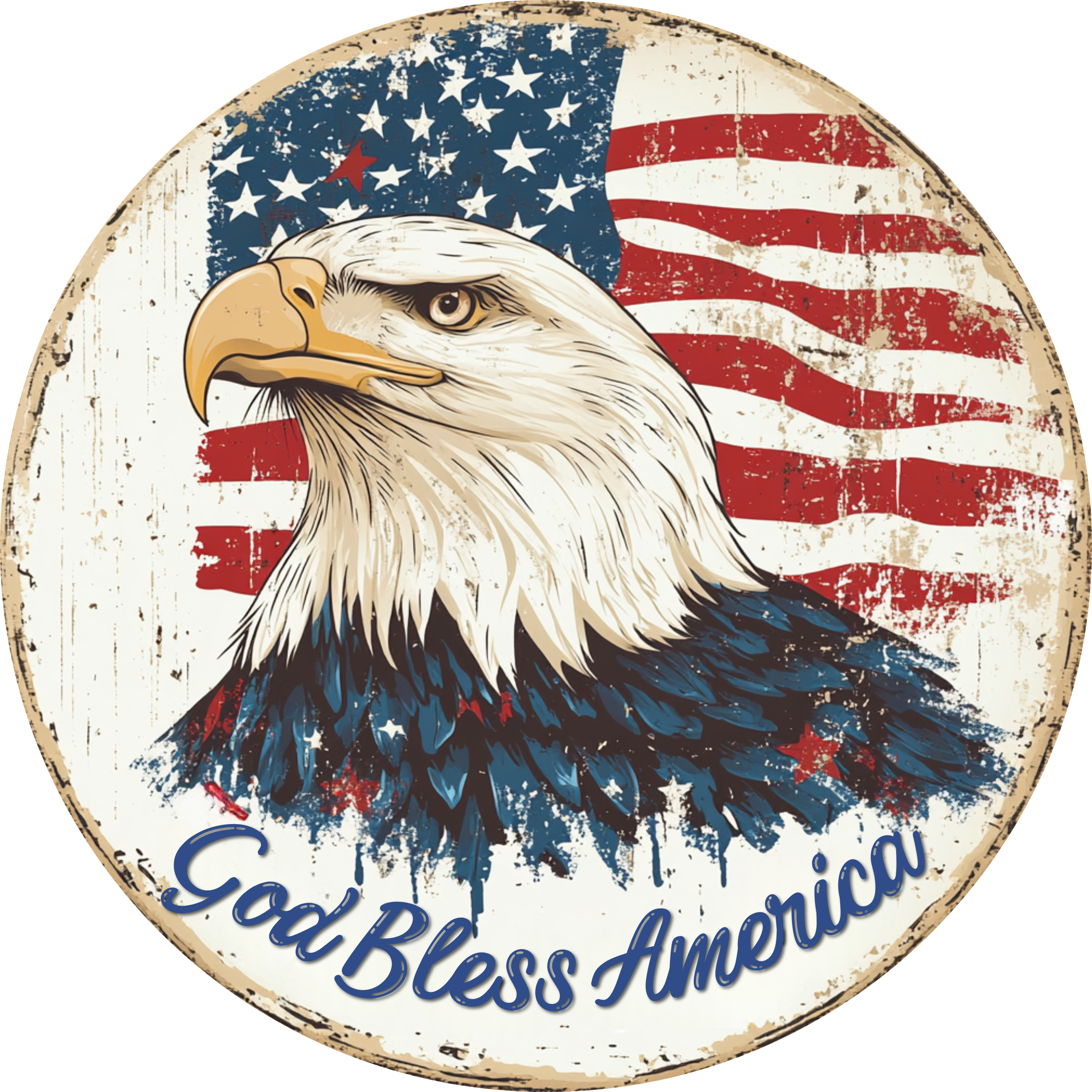 God Bless America Bald Eagle Sign, Distressed Patriotic Sublimated Metal Sign, American Flag Wreath Attachment, Rustic USA Decor