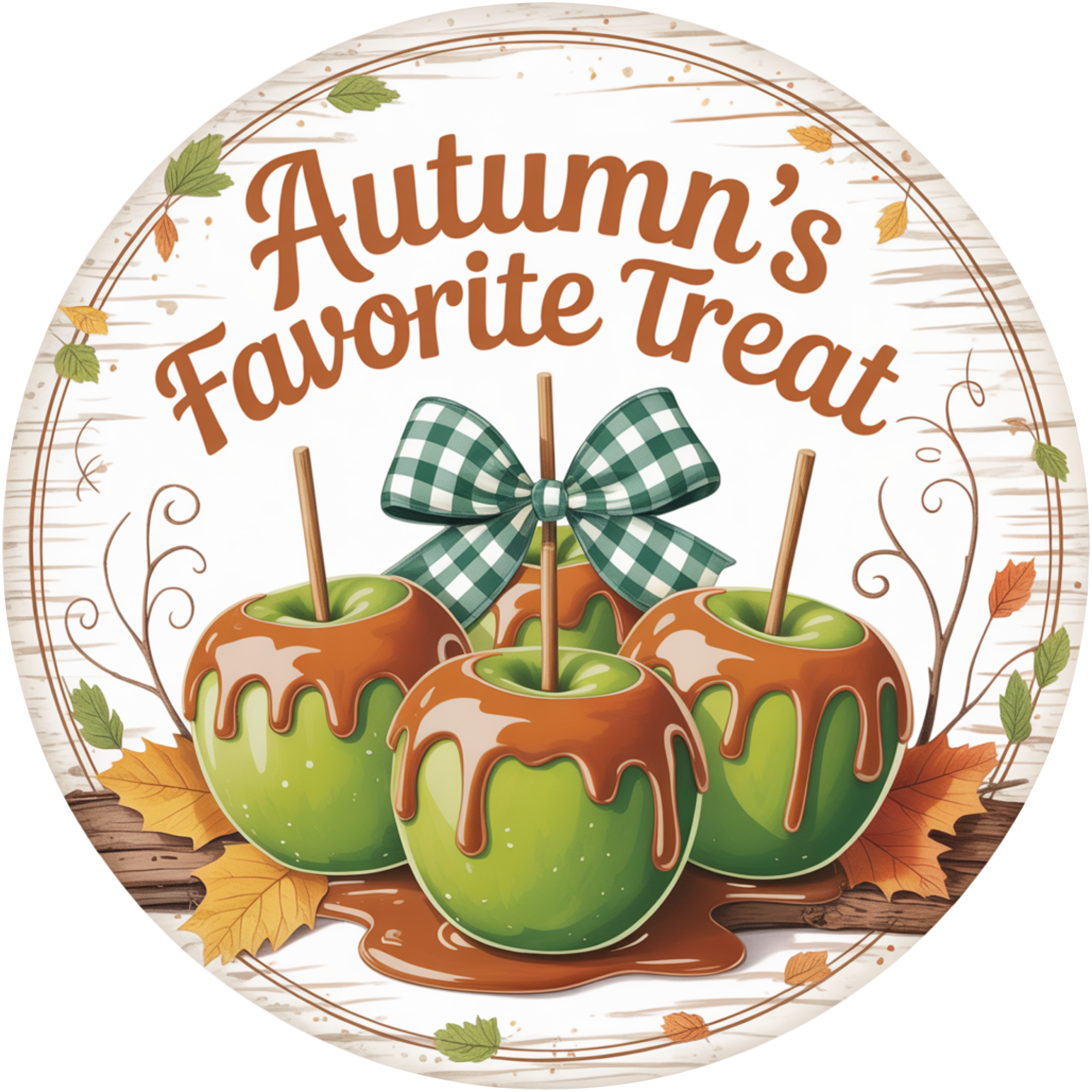 Letrero de manzana acaramelada, el dulce favorito del otoño: decoración otoñal de manzana verde con hojas y lazo de cuadros vichy.