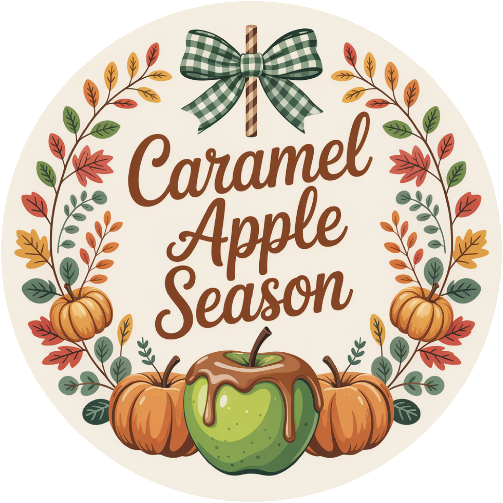 Letrero de otoño de manzana acaramelada: decoración otoñal de manzana verde con calabazas y hojas