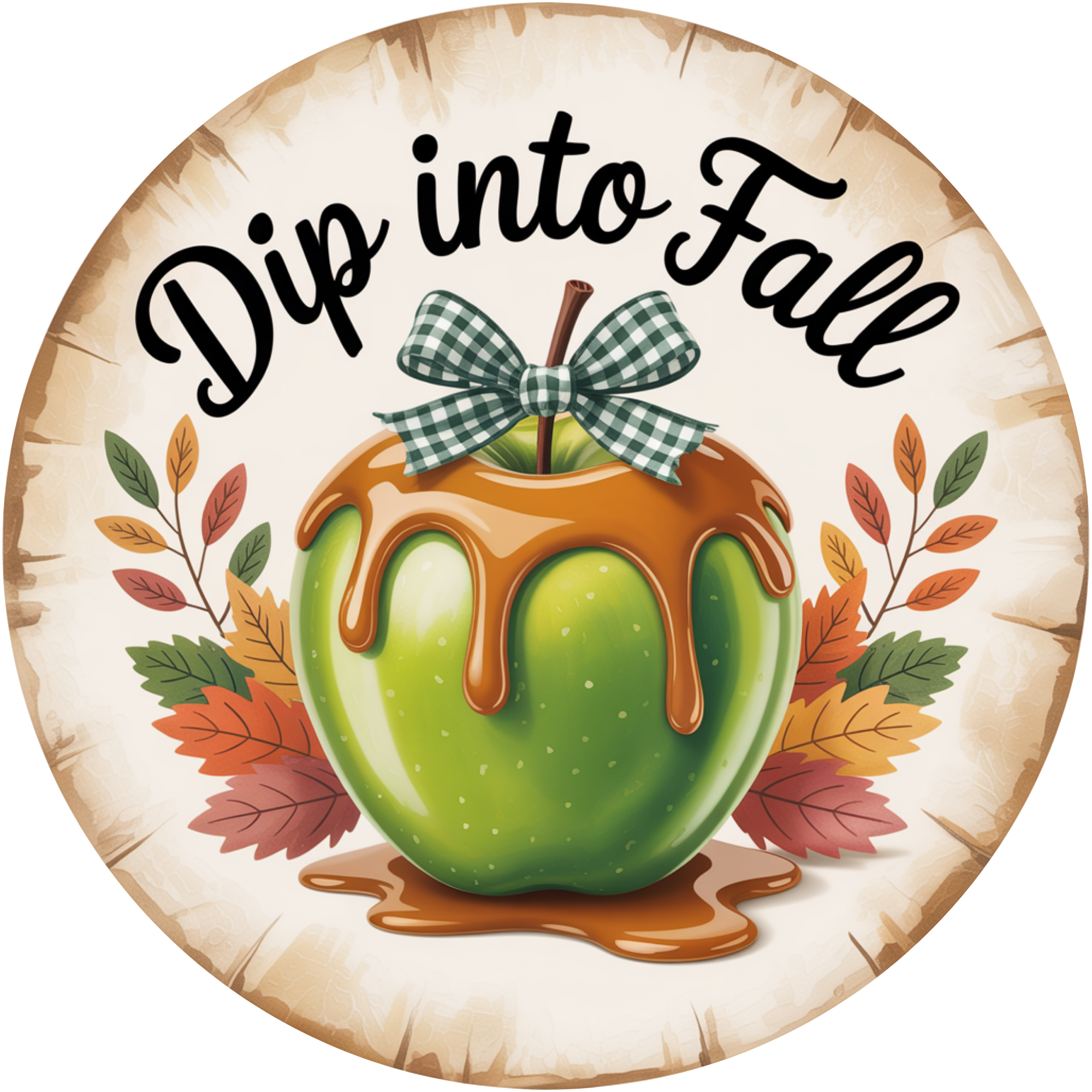 Letrero de manzana acaramelada verde otoñal con lazo de cuadros vichy – Decoración rústica de manzana otoñal