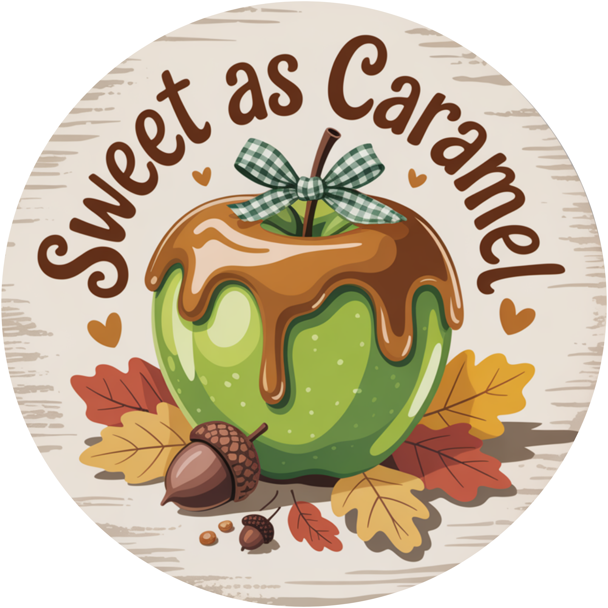 Letrero de otoño de manzana verde dulce como el caramelo: decoración rústica otoñal con hojas y bellotas