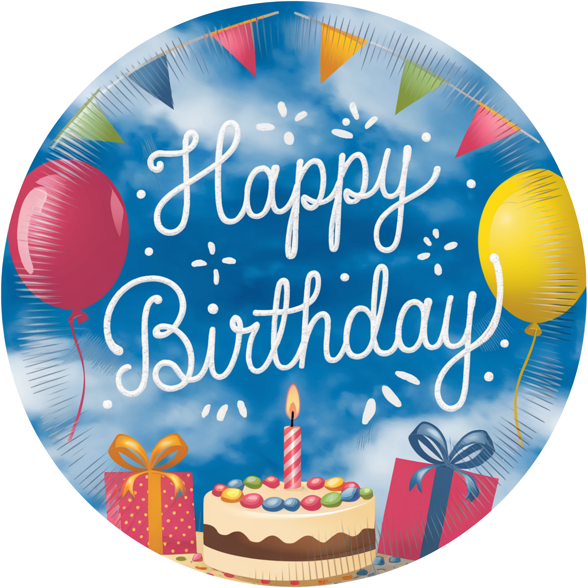 Letrero metálico con forma de globo de feliz cumpleaños: accesorio redondo sublimado para corona de fiesta, decoración colorida para celebraciones con pastel, globos y regalos.