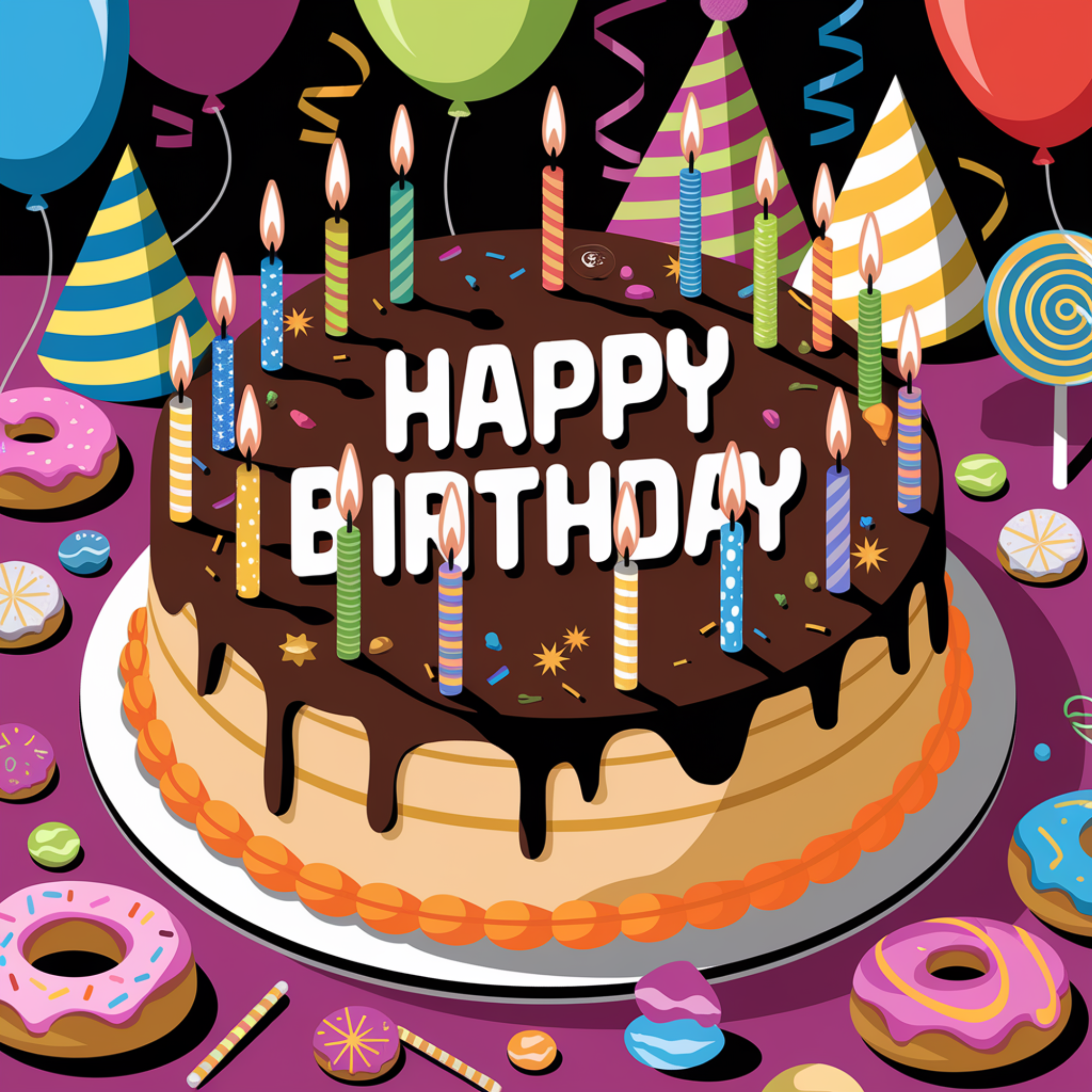 Letrero de pastel de feliz cumpleaños: corona metálica redonda sublimada, decoración colorida para celebrar con globos y donas para todas las edades.