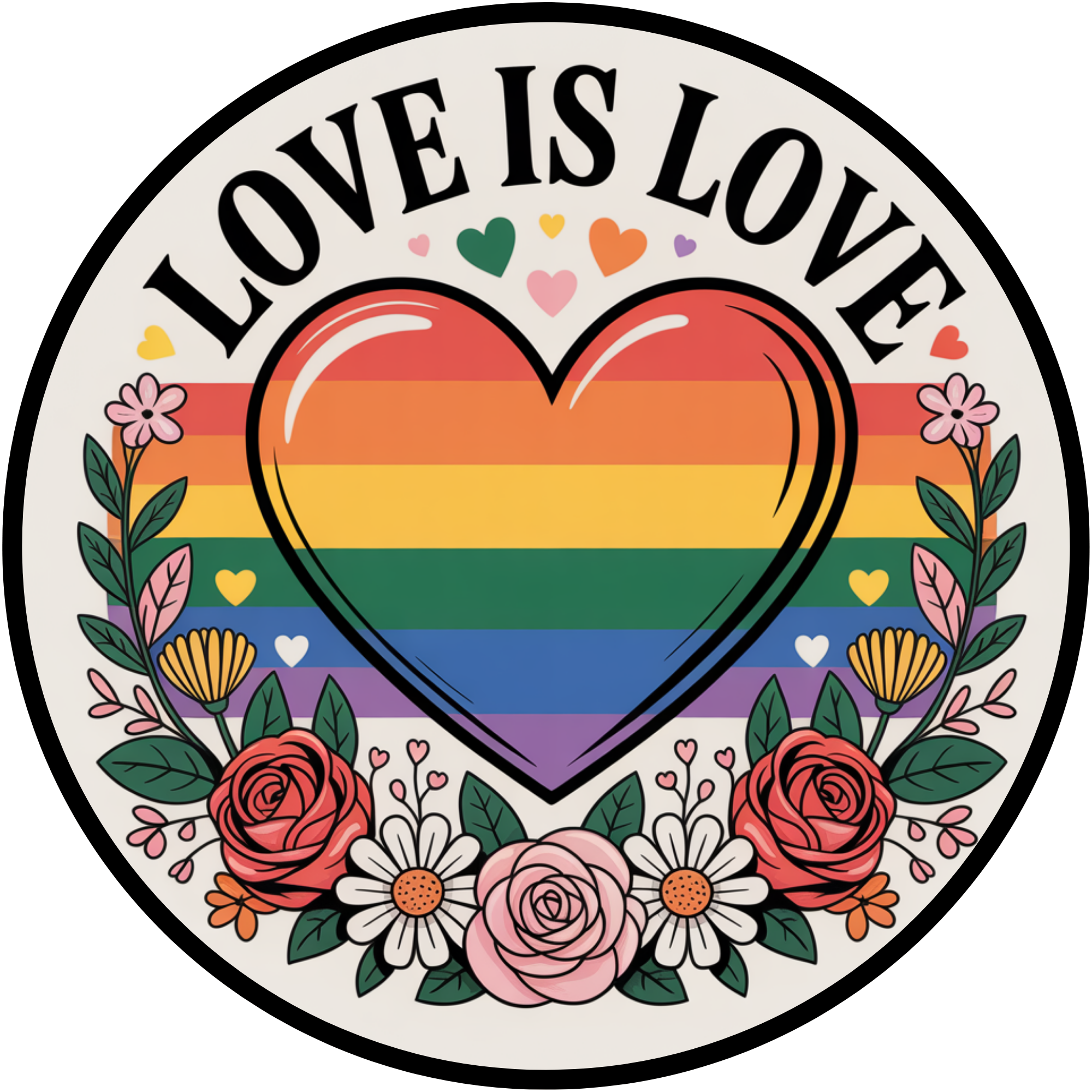 Letrero de corazón "Amor es amor": Corazón arcoíris con flores para una decoración inclusiva.