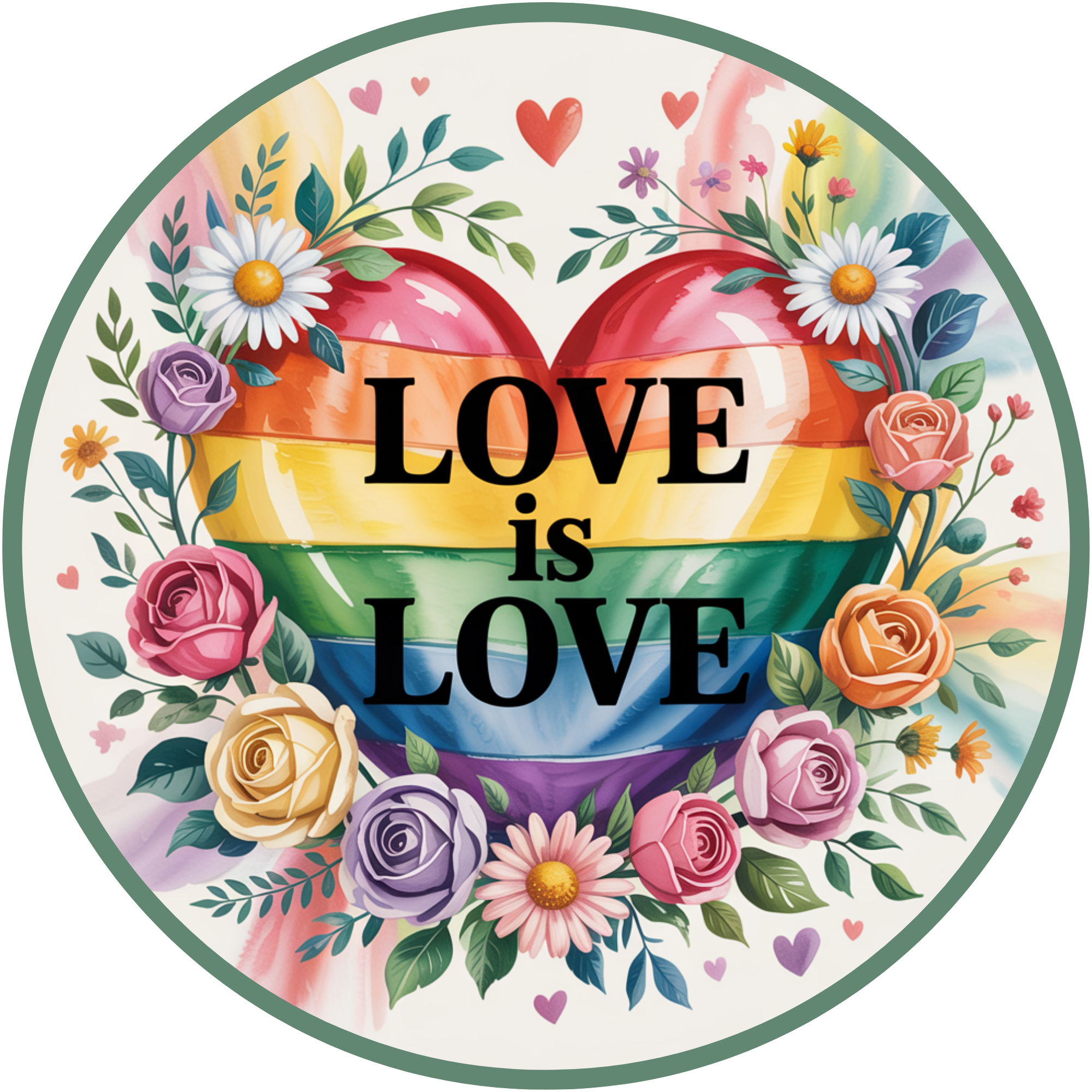 Letrero de corazón arcoíris "Love Is Love": decoración de pared colorida con rosas y margaritas.
