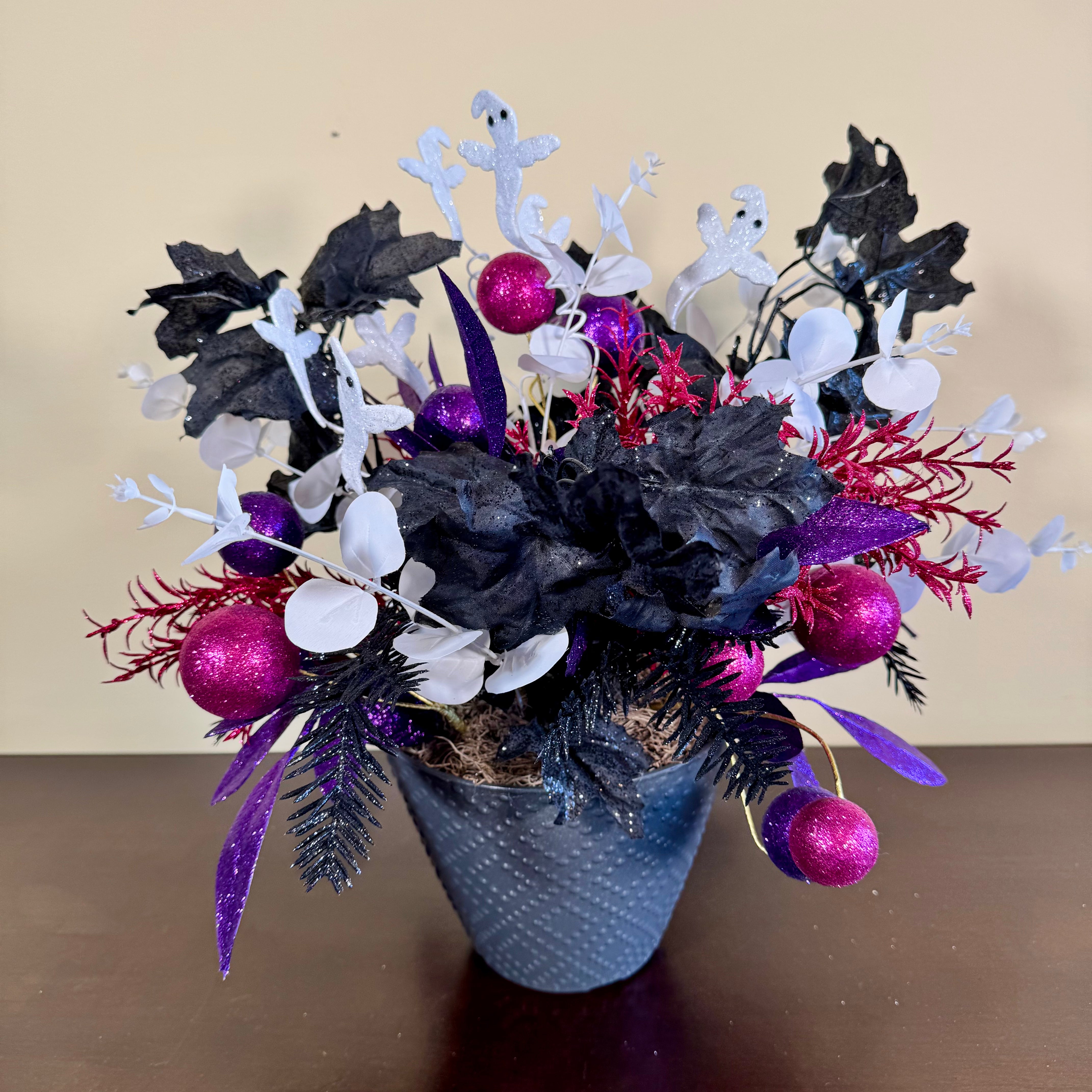Glam Halloween Arrangement with Ghost Picks, Black Florals & Purple Sparkle Accents