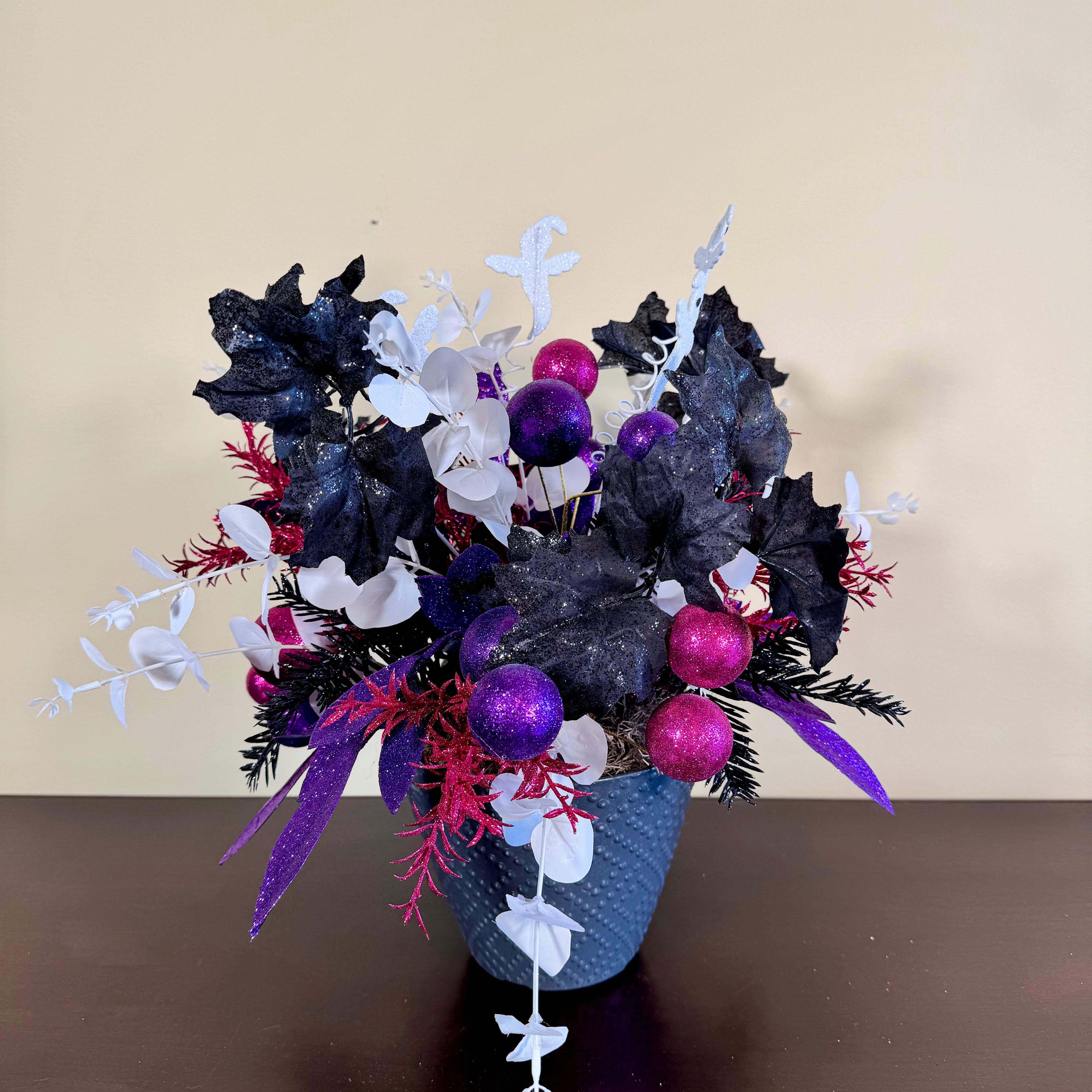 Glam Halloween Arrangement with Ghost Picks, Black Florals & Purple Sparkle Accents