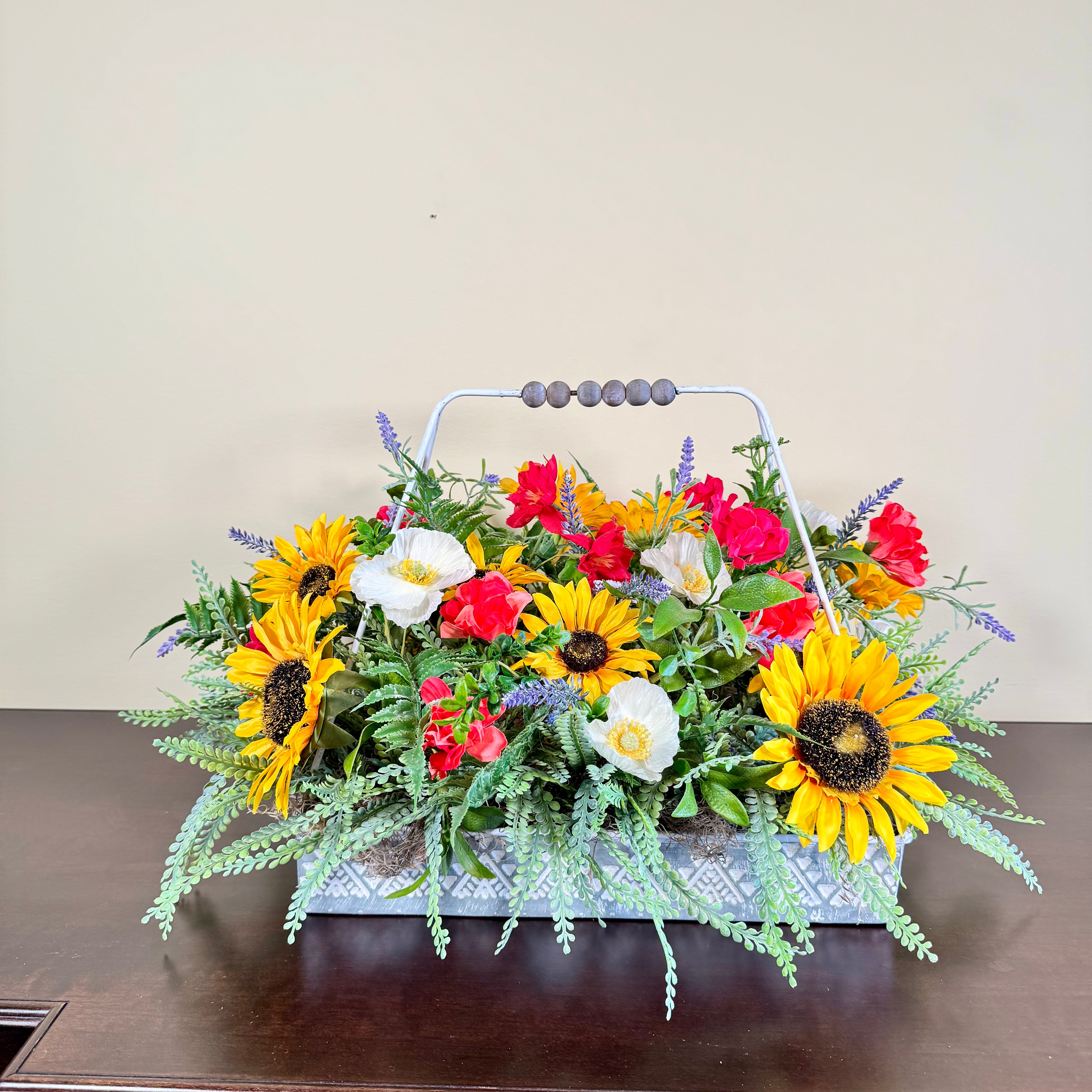 Sunflower Wildflower Centerpiece with Summer Blooms in Galvanized Metal Tray with Handle