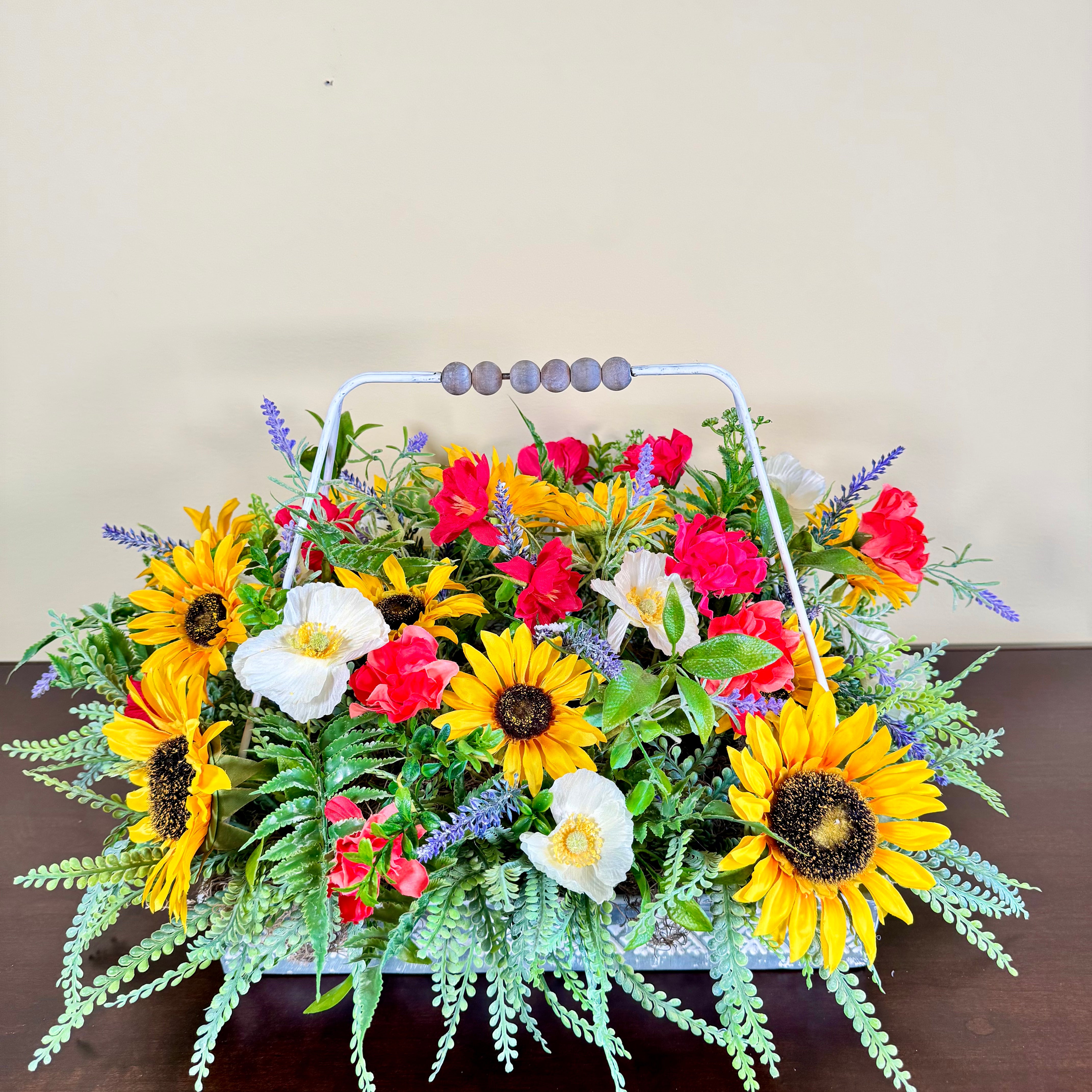 Sunflower Wildflower Centerpiece with Summer Blooms in Galvanized Metal Tray with Handle