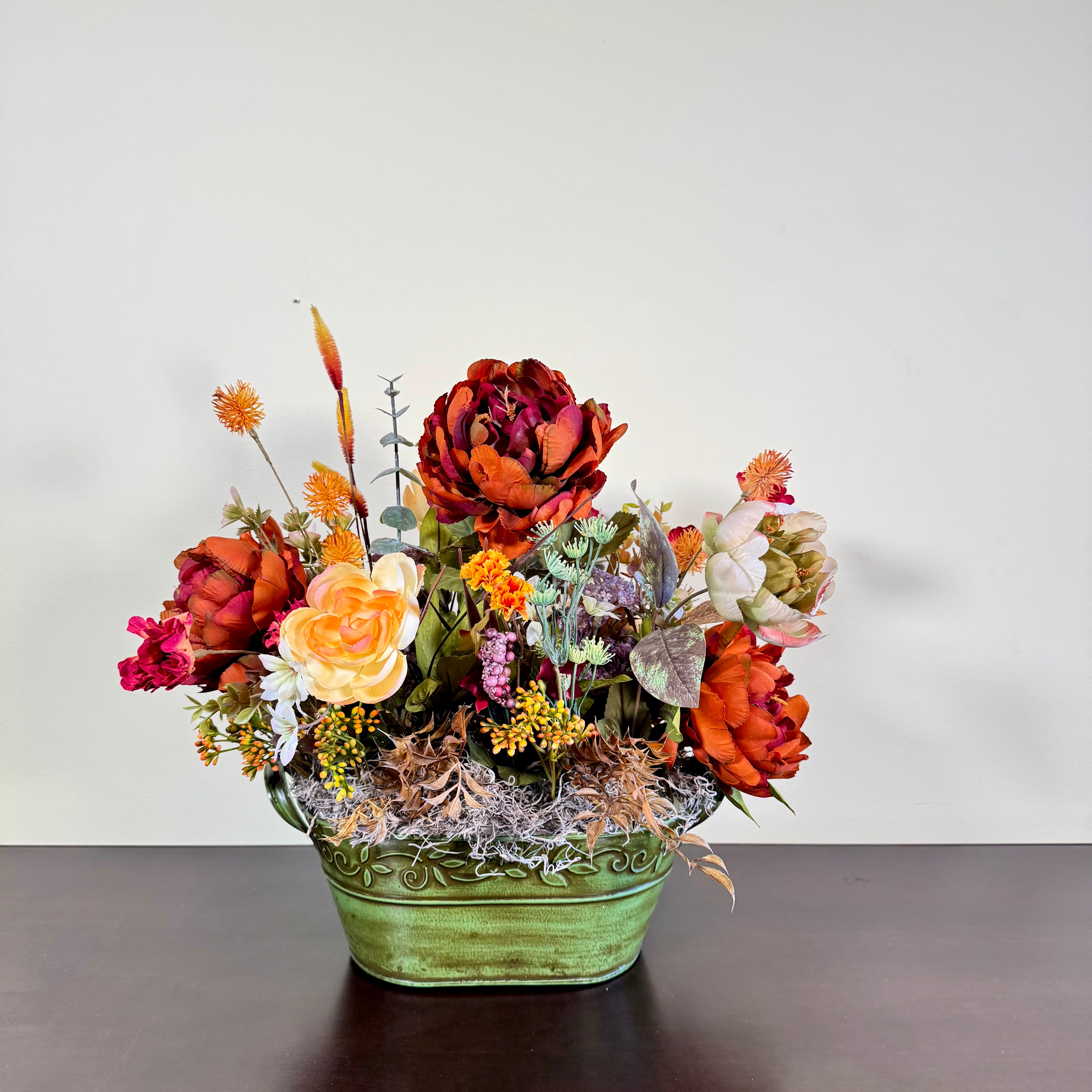 Fall Floral Arrangement with Peonies Roses and Autumn Accents in Green Embossed Tin