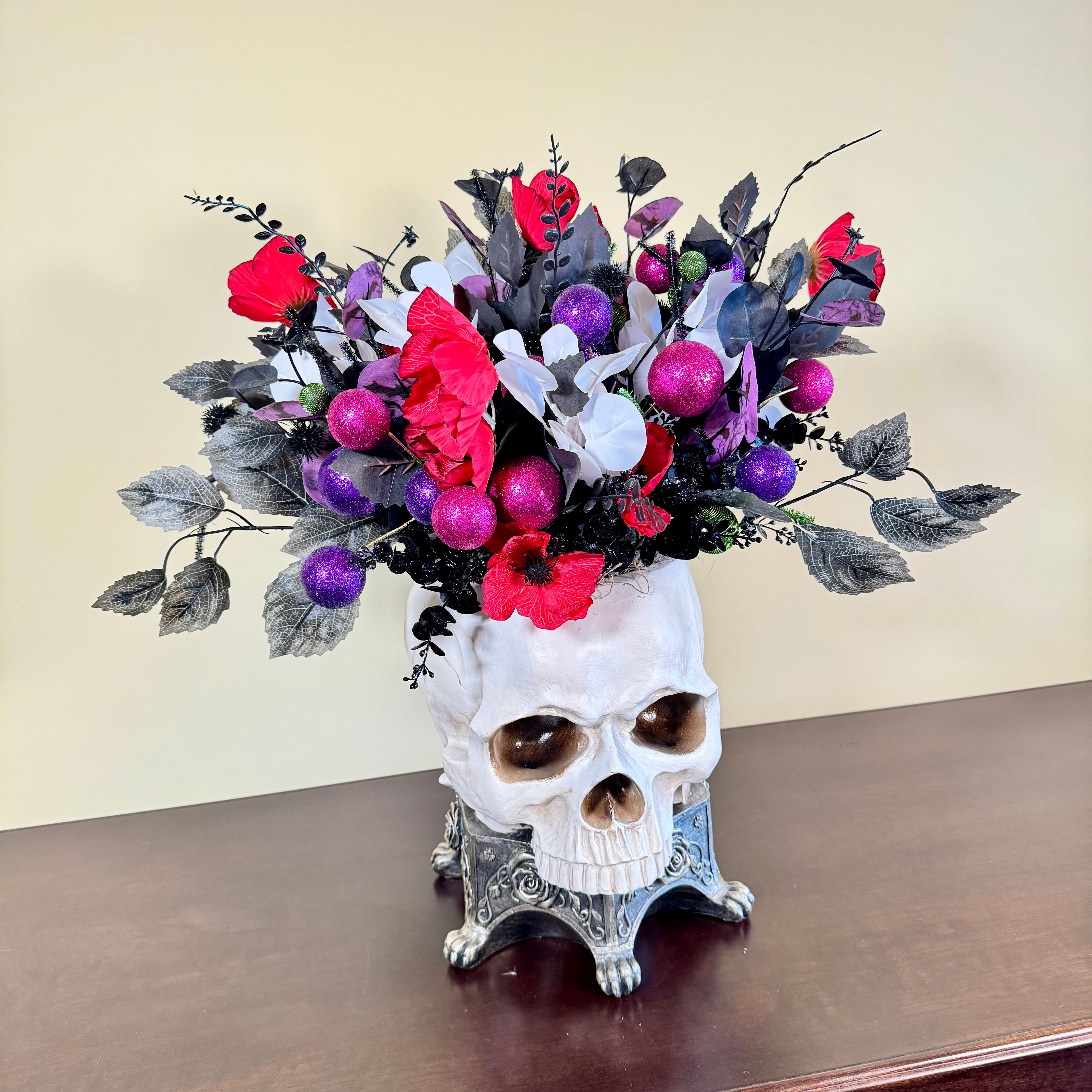 Glam Halloween Skull Floral Arrangement with Red, Purple and Black Accents