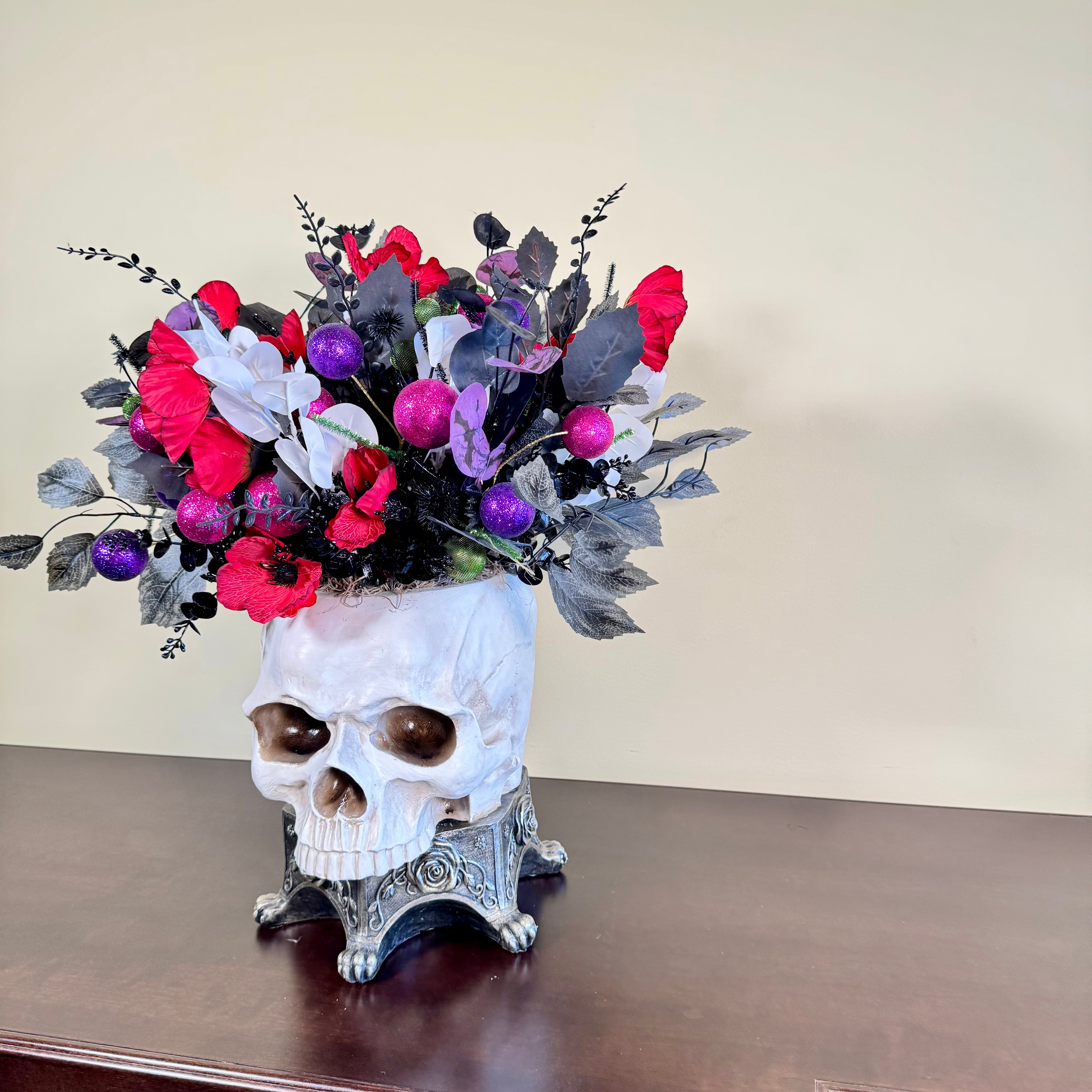 Glam Halloween Skull Floral Arrangement with Red, Purple and Black Accents