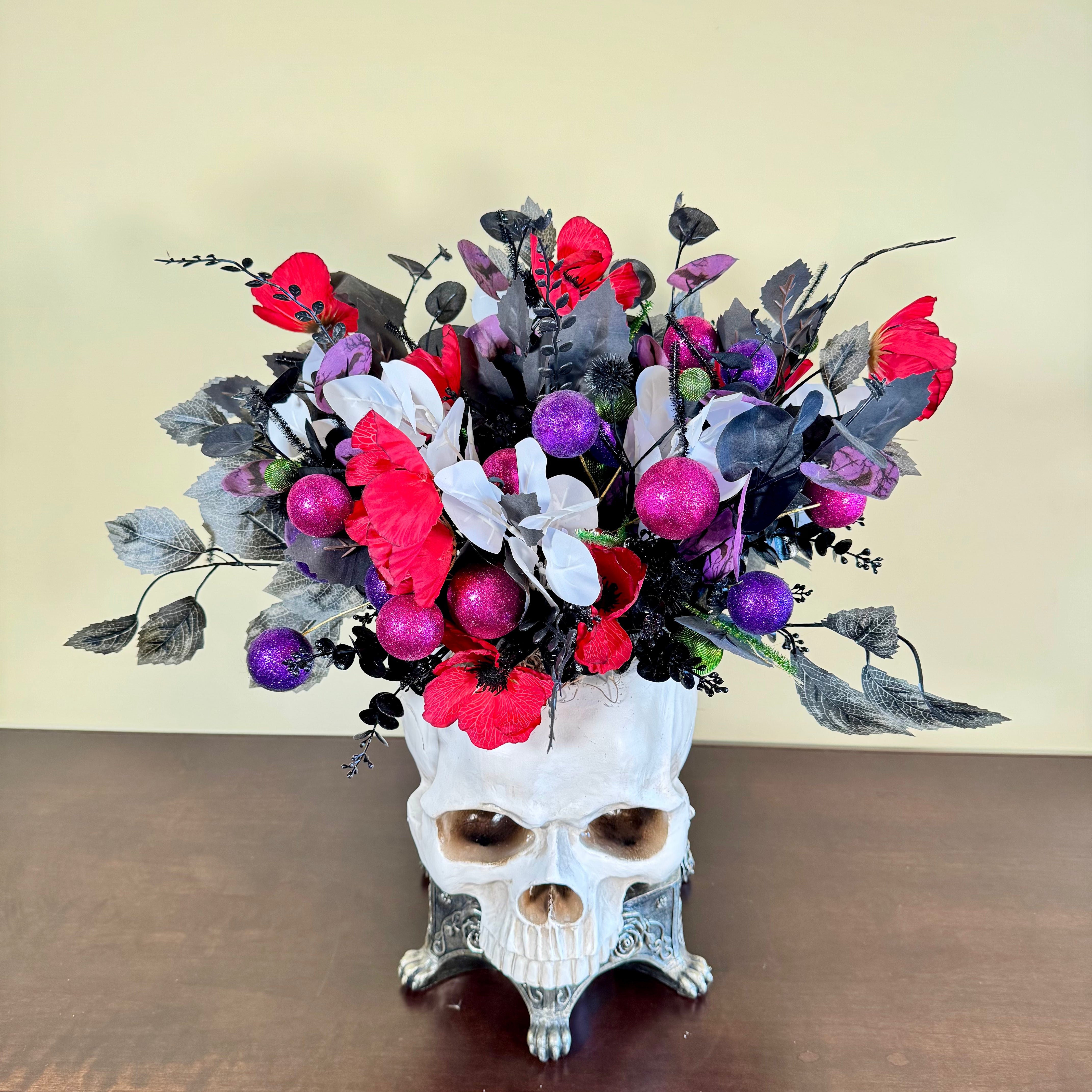 Glam Halloween Skull Floral Arrangement with Red, Purple and Black Accents
