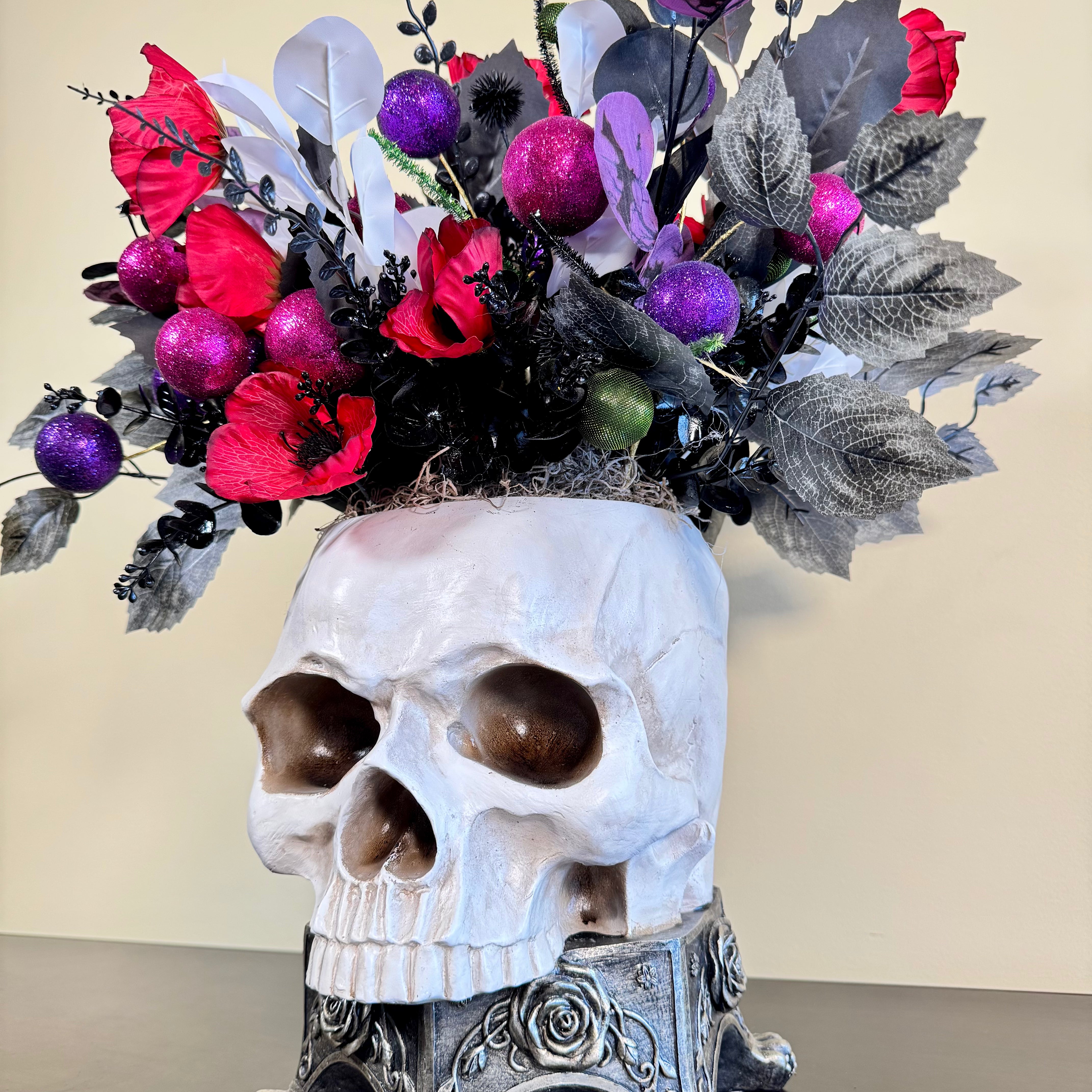 Glam Halloween Skull Floral Arrangement with Red, Purple and Black Accents