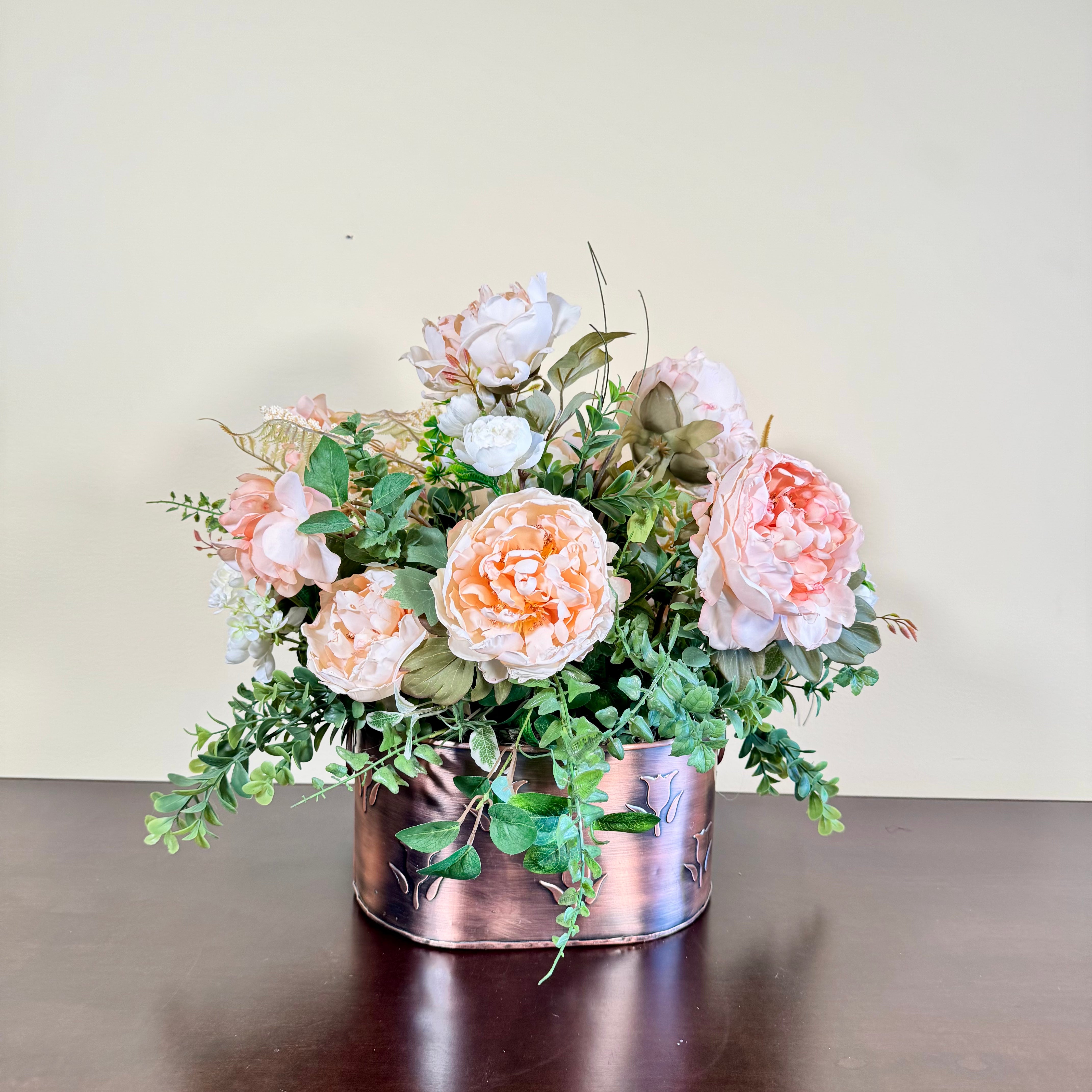 Peachy Pink Peony Floral Arrangement in Embossed Copper Container